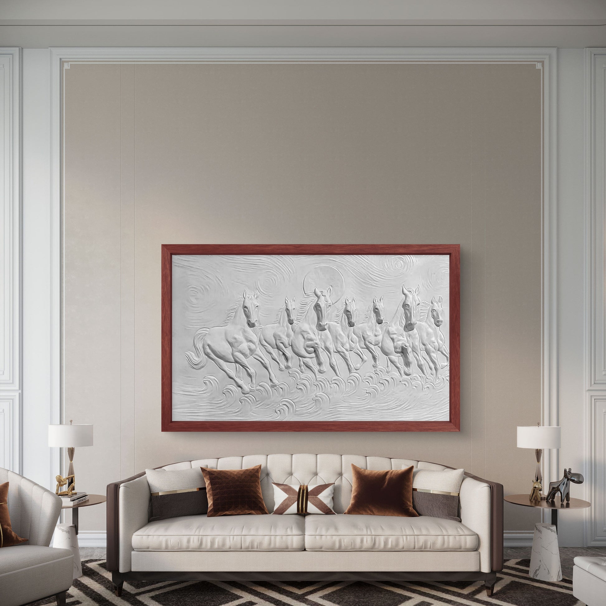5x3 Feet Left-Moving 7 Horses | 3D Relief Mural (Vastu-Inspired)