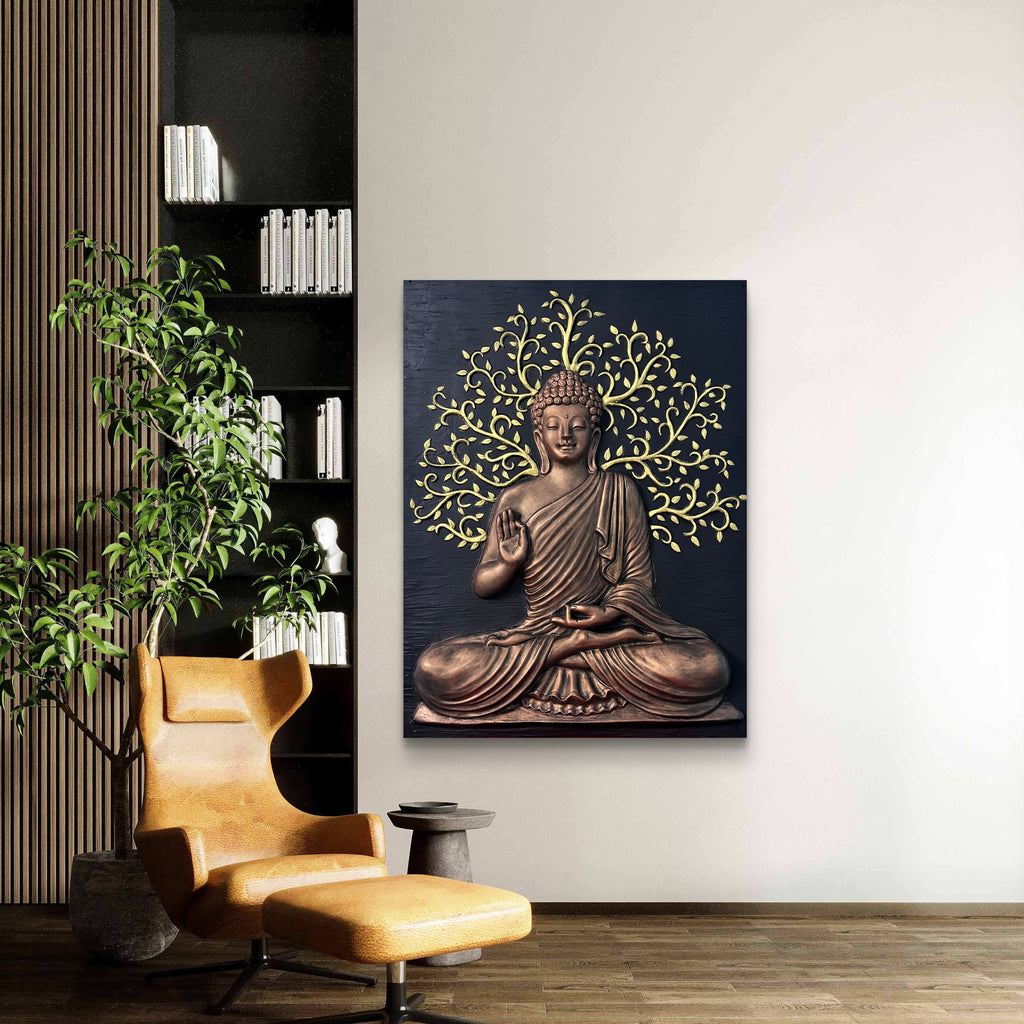 4x3 Feet Blessing Buddha With Leaf | 3D Relief Mural