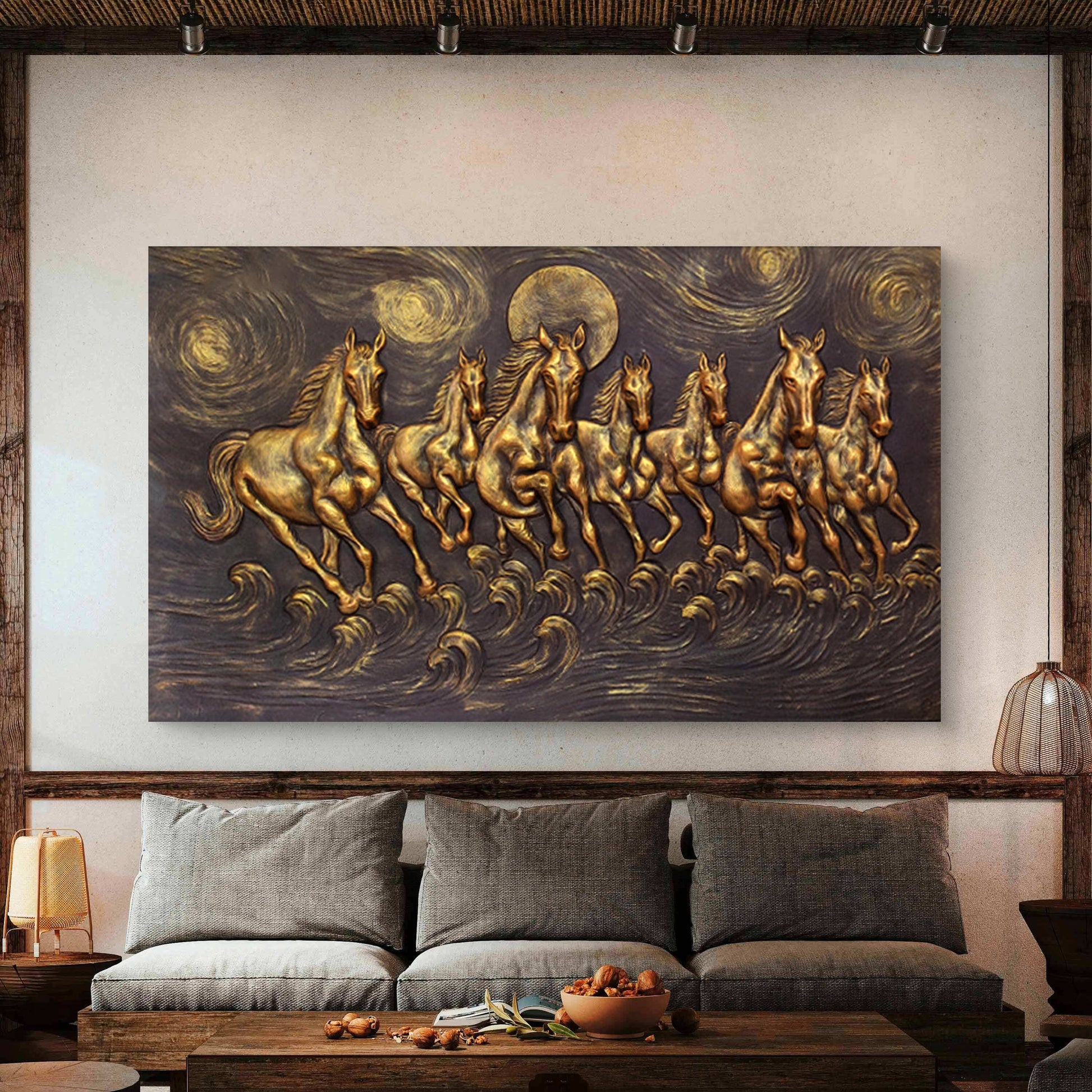 5x3 Feet Left-Moving 7 Horses | 3D Relief Mural (Vastu-Inspired)