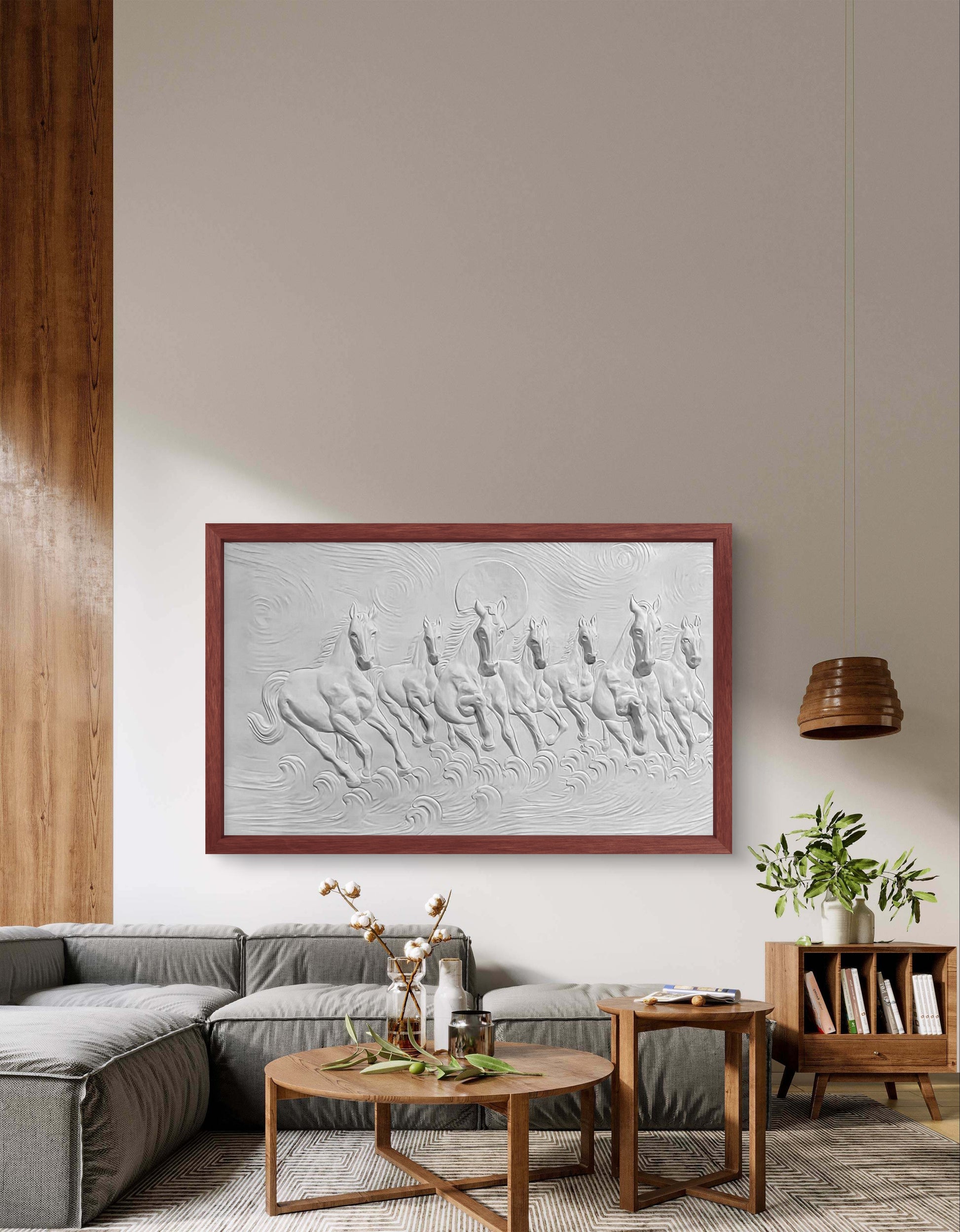 5x3 Feet Left-Moving 7 Horses | 3D Relief Mural (Vastu-Inspired)