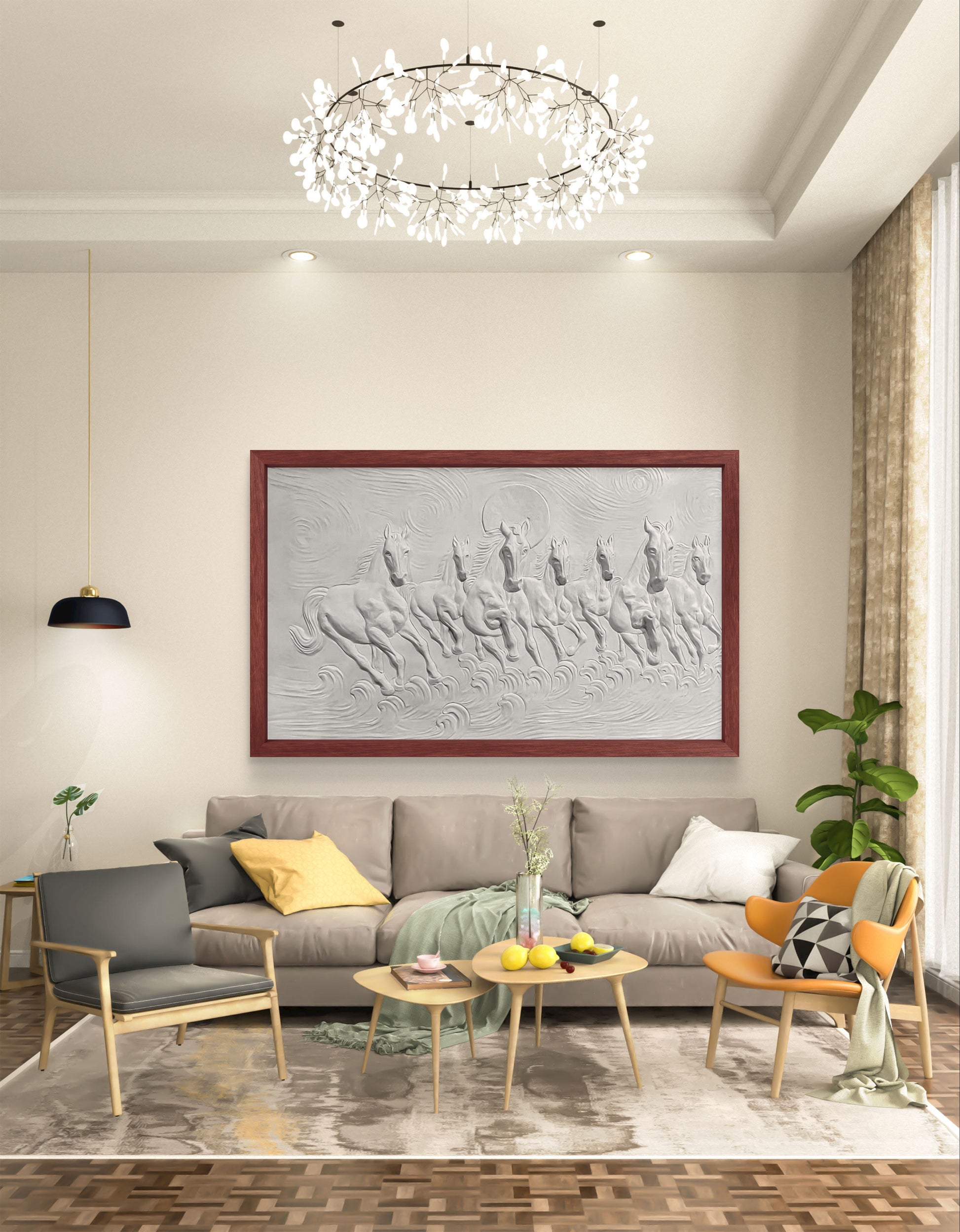 5x3 Feet Left-Moving 7 Horses | 3D Relief Mural (Vastu-Inspired)