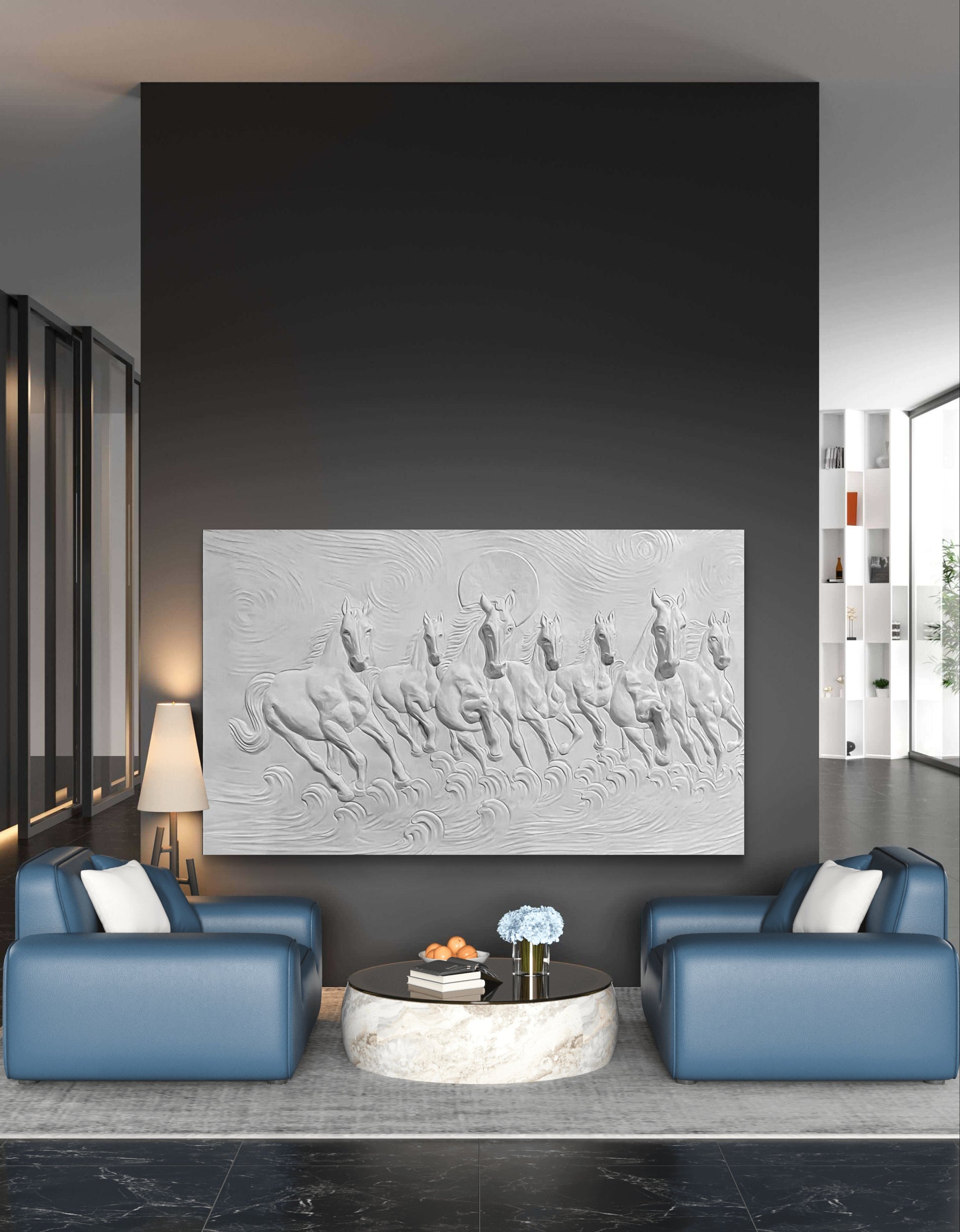 5x3 Feet Left-Moving 7 Horses | 3D Relief Mural (Vastu-Inspired)