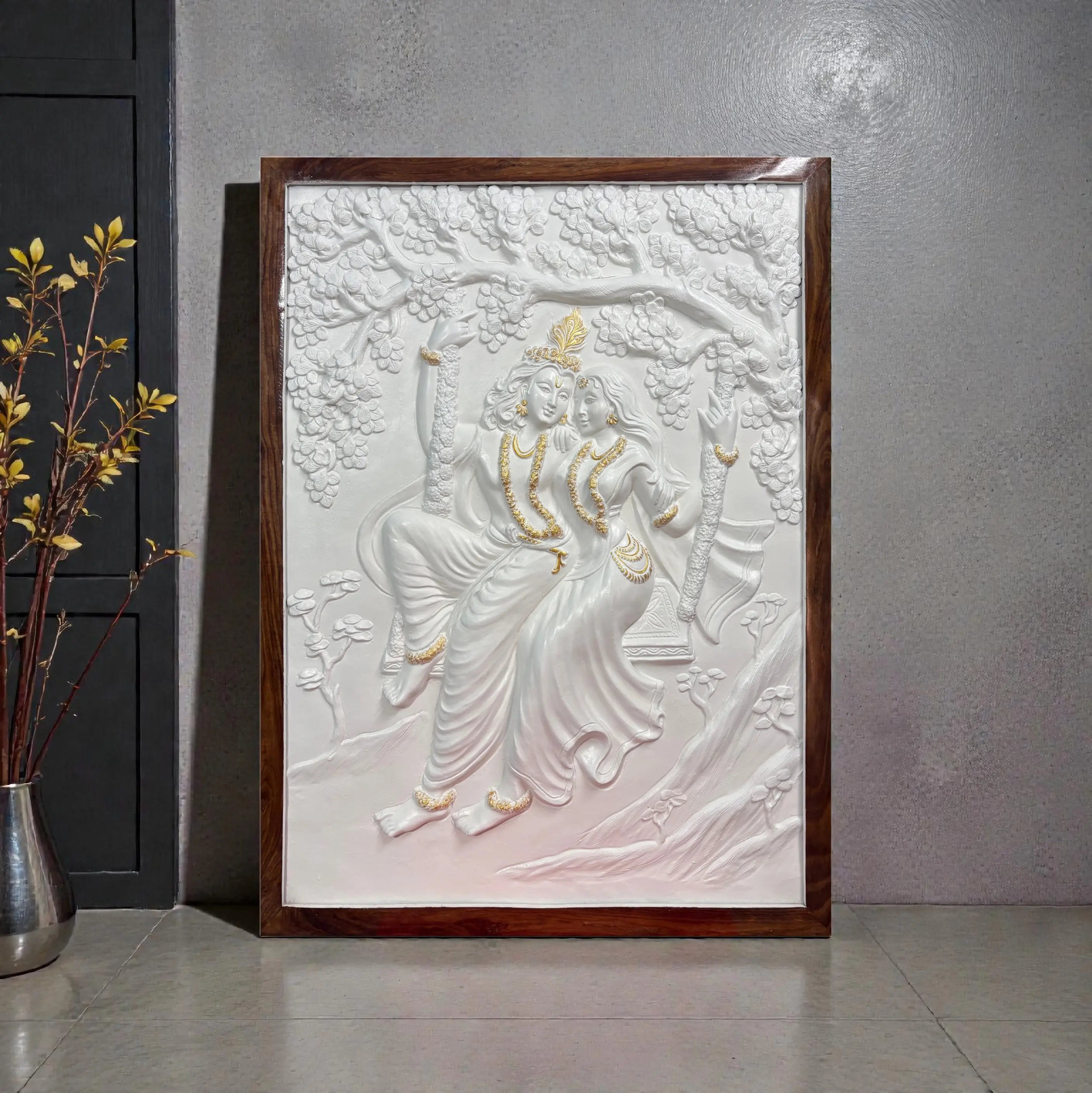 4x3 feet relief mural featuring Radha and Krishna on a swing, perfect spiritual wall art in white and golden highlights with framed