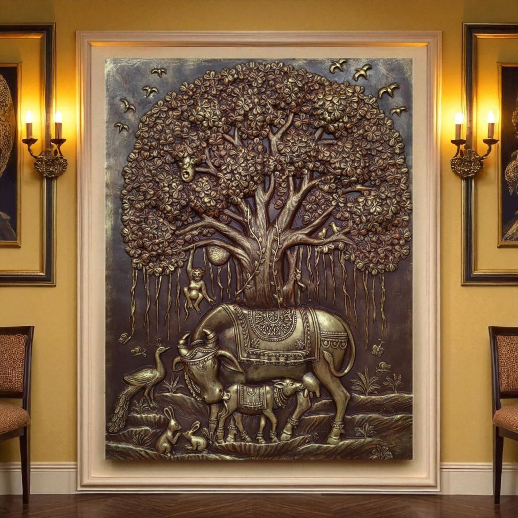 Sacred cow Kamdhenu with her calf in a 5x4 feet relief wall sculpture, representing ancestral wisdom and serenity.
