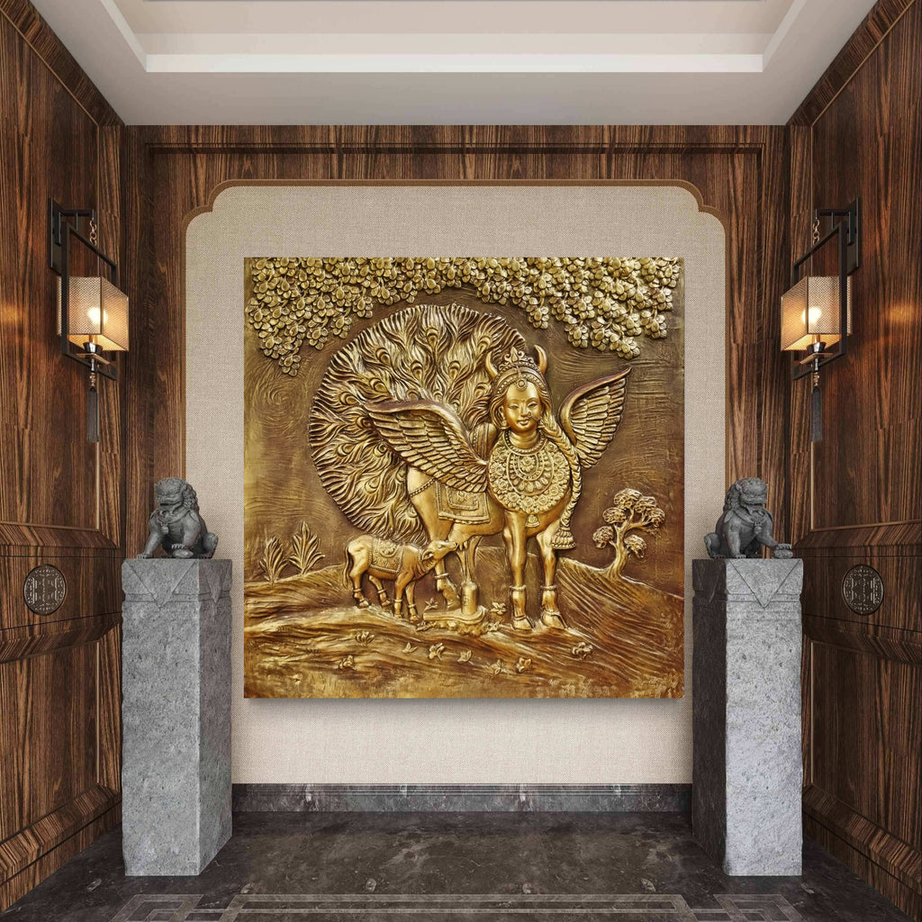 4x4 feet Sacred Kamadhenu 3D relief wall art, symbolizing divine grace and prosperity, crafted for spiritual interiors.