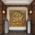 4x4 feet Sacred Kamadhenu 3D relief wall art, symbolizing divine grace and prosperity, crafted for spiritual interiors.