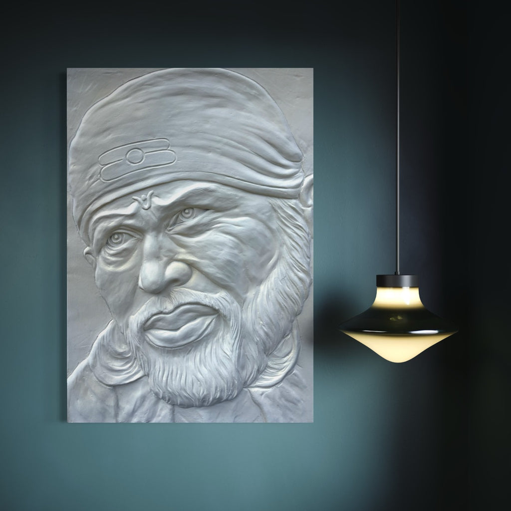 Full view of Sai Baba 3D relief wall art designed as a handcrafted spiritual wall décor piece.