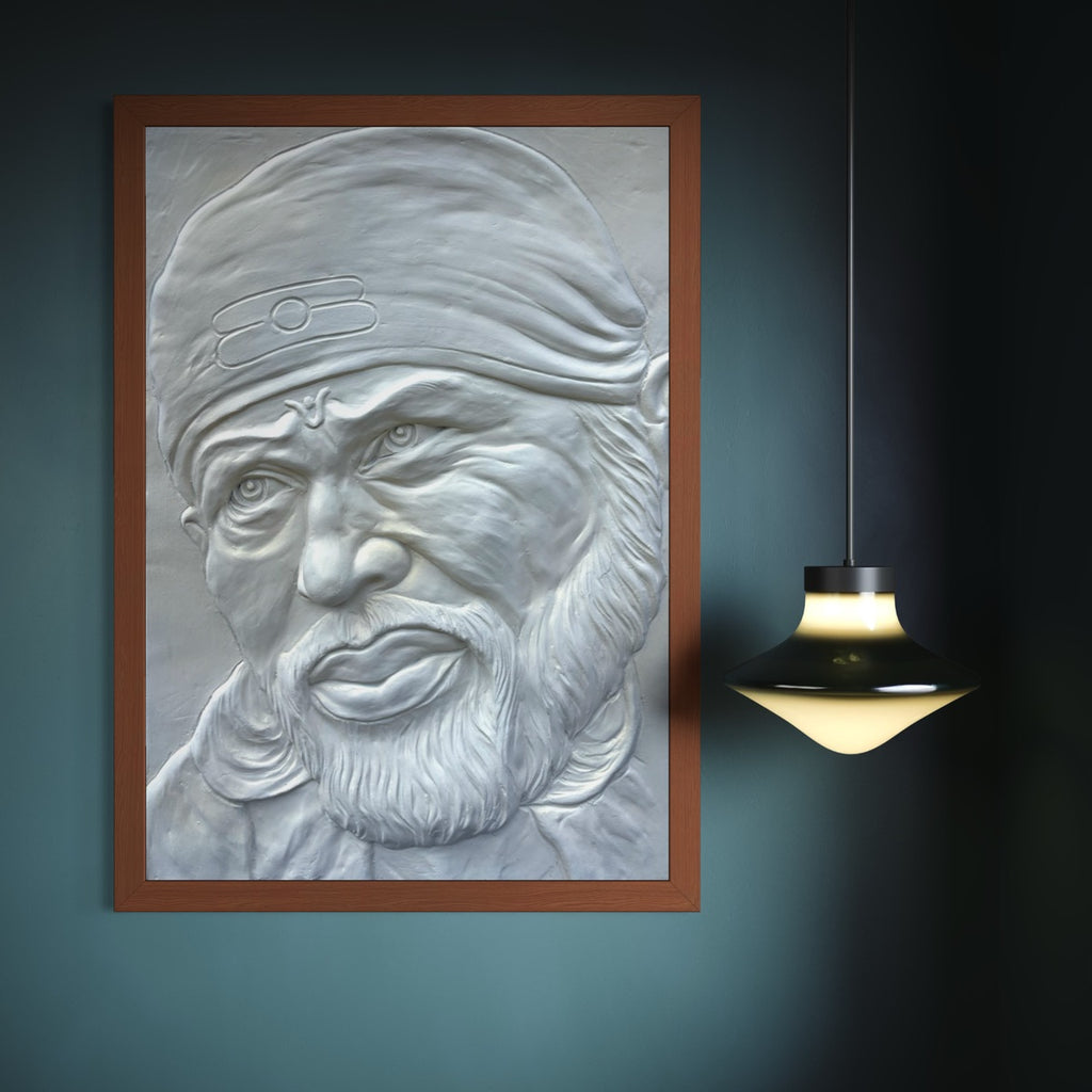 Close-up of Sai Baba 3D relief wall art highlighting intricate sculpted details and craftsmanship.
