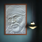 Close-up of Sai Baba 3D relief wall art highlighting intricate sculpted details and craftsmanship.