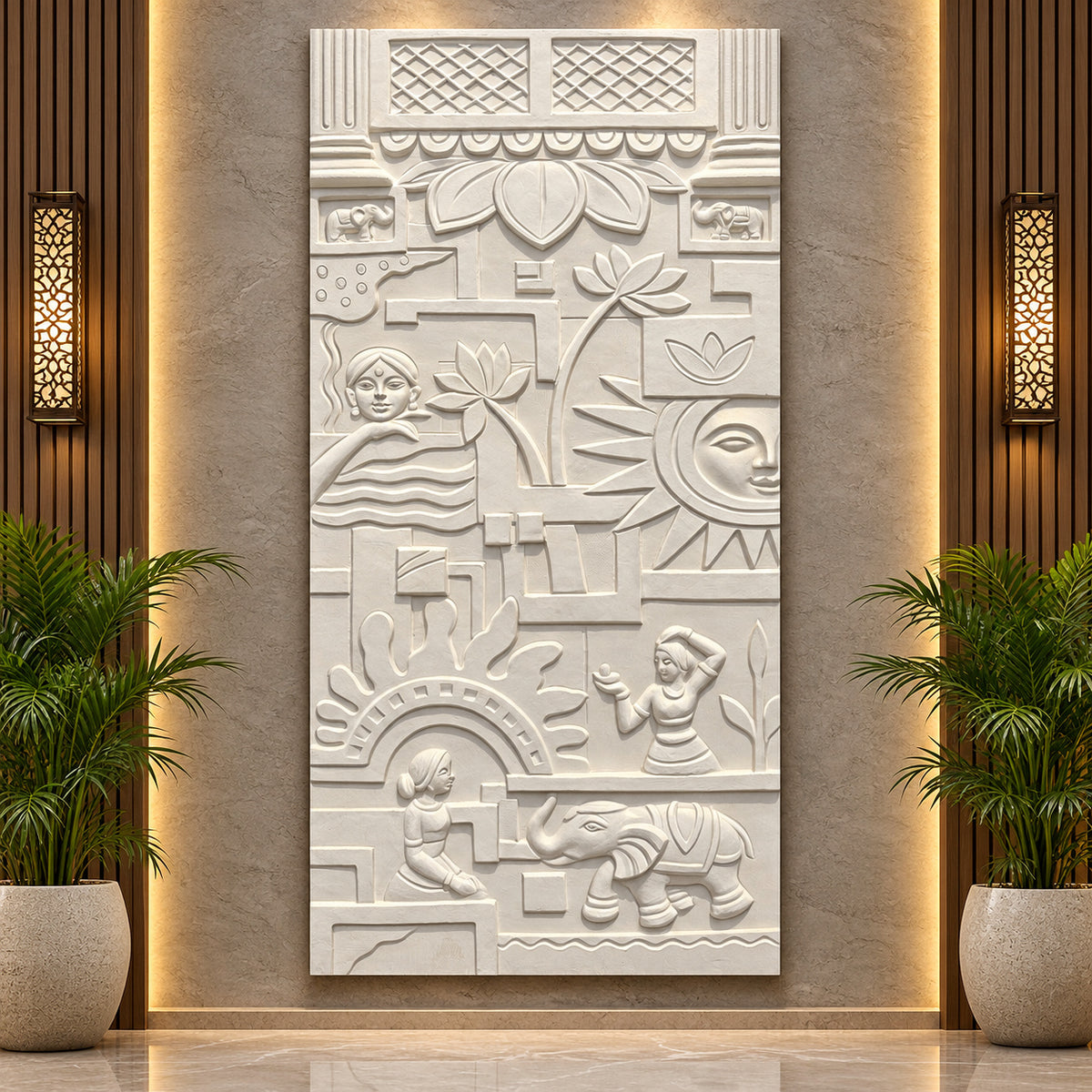 Close-up of Sanskriti Indian Life 3D relief wall art highlighting detailed figures, cultural elements, and sculpted textures.