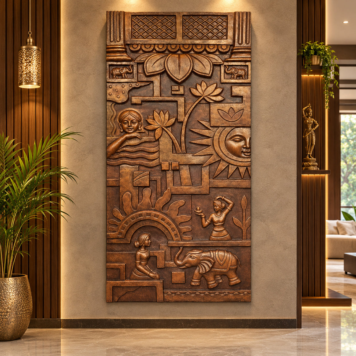 Full view of Sanskriti Indian Life 3D wall art mural depicting Indian civilisation through detailed sculptural relief.
