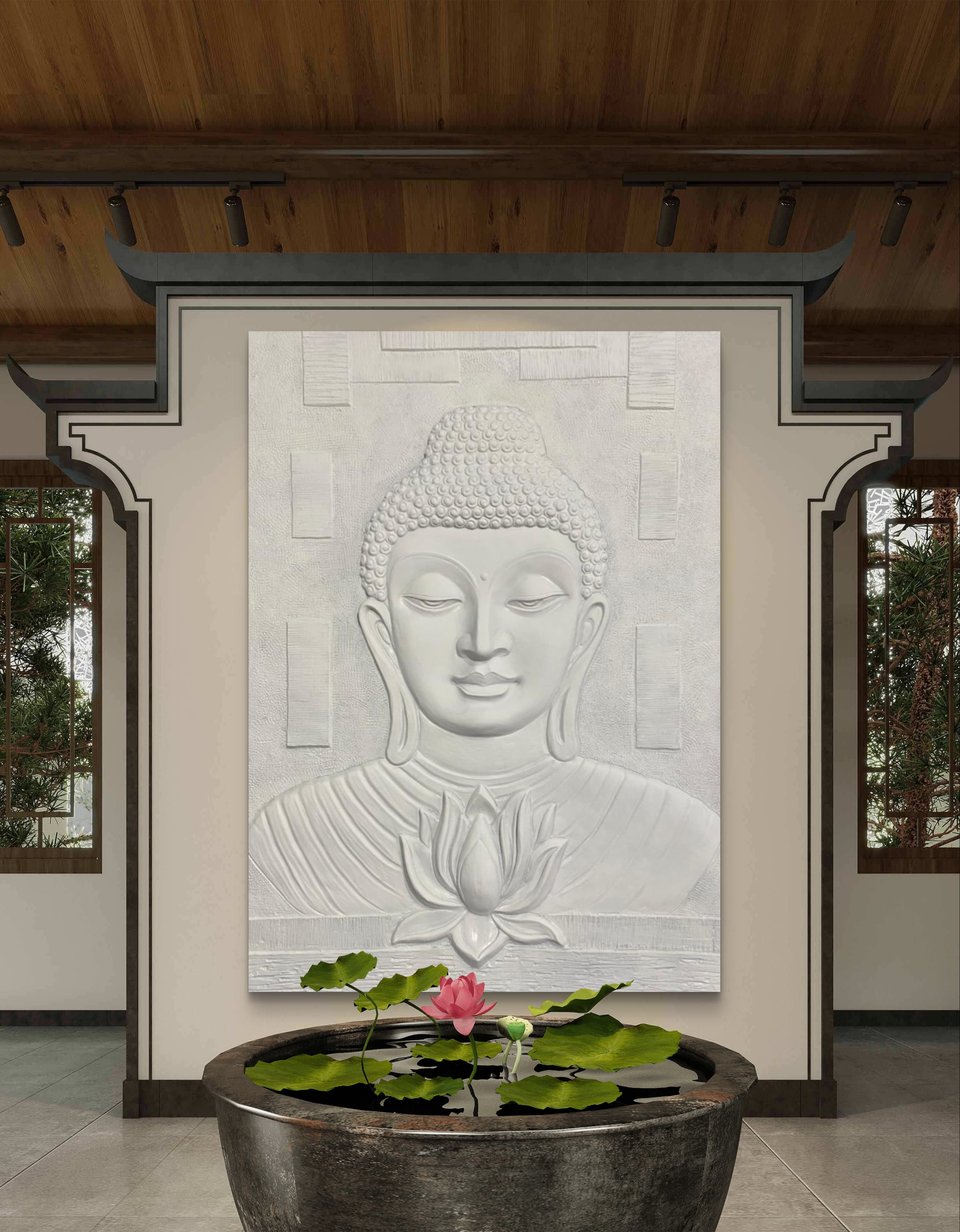 Majestic 7x5 feet Buddha with Lotus 3D Relief Mural, symbolizing purity and enlightenment.