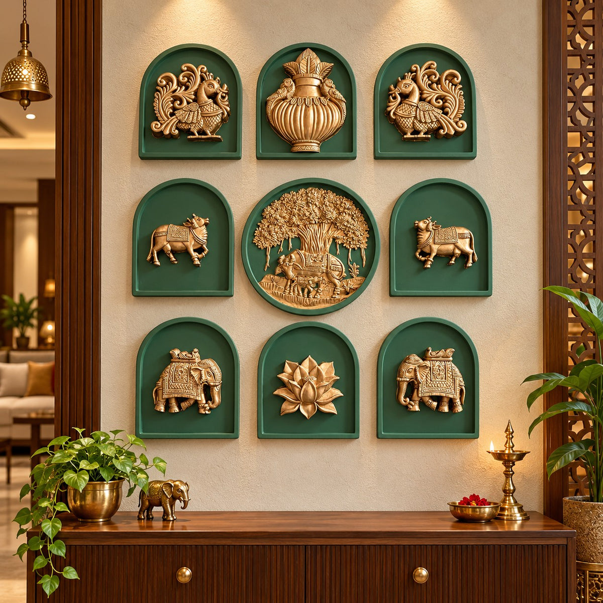 Full view of nine decorative wall motifs featuring Kamdhenu, calf, and Banyan Tree in a traditional Indian design in olive green and bronze colour.