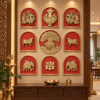 Full view of nine decorative wall motifs featuring Kamdhenu, calf, and Banyan Tree in a traditional Indian design- in cider red colour.