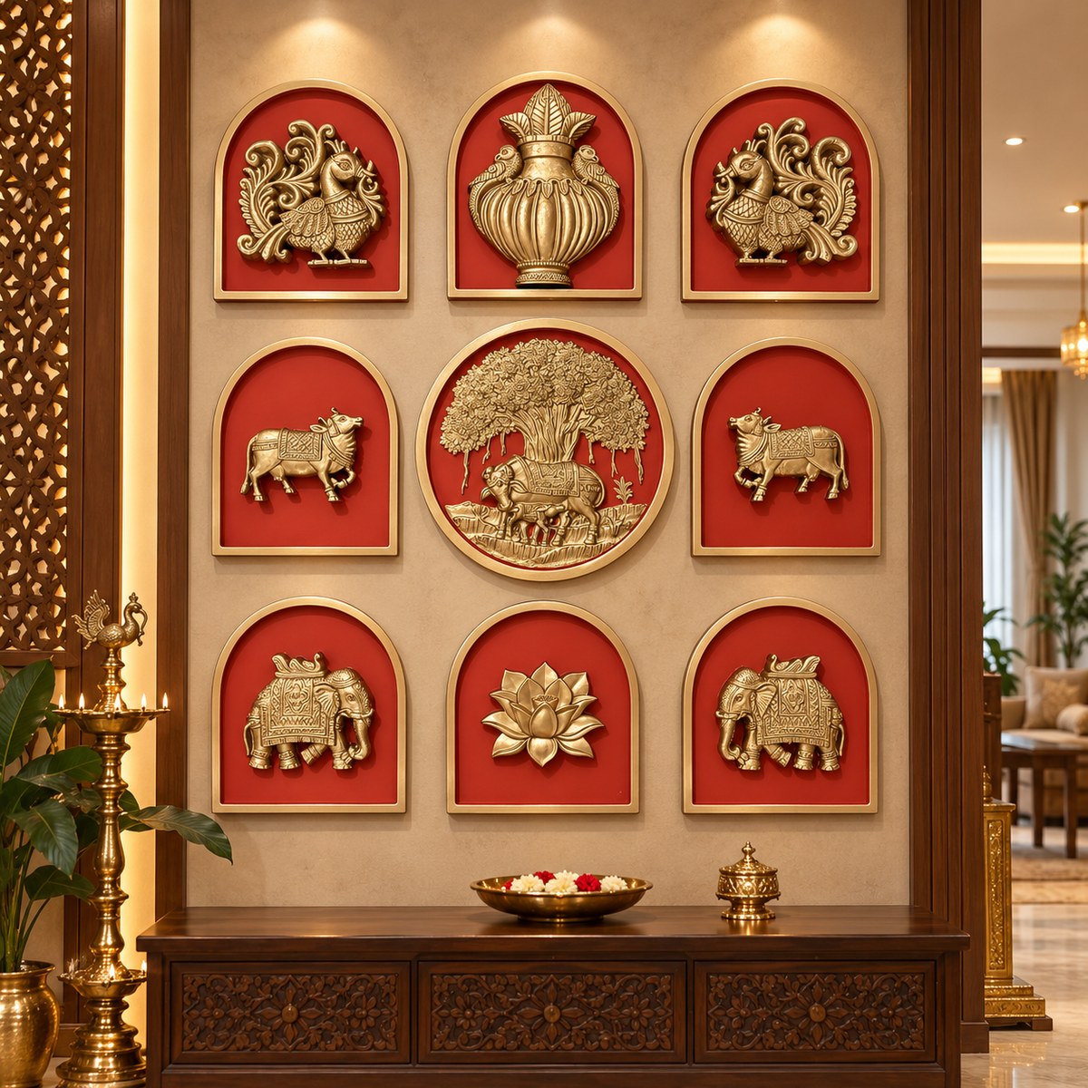 Full view of nine decorative wall motifs featuring Kamdhenu, calf, and Banyan Tree in a traditional Indian design- in cider red colour.