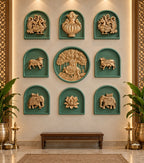 Full view of nine decorative wall motifs featuring Kamdhenu, calf, and Banyan Tree in a traditional Indian design.