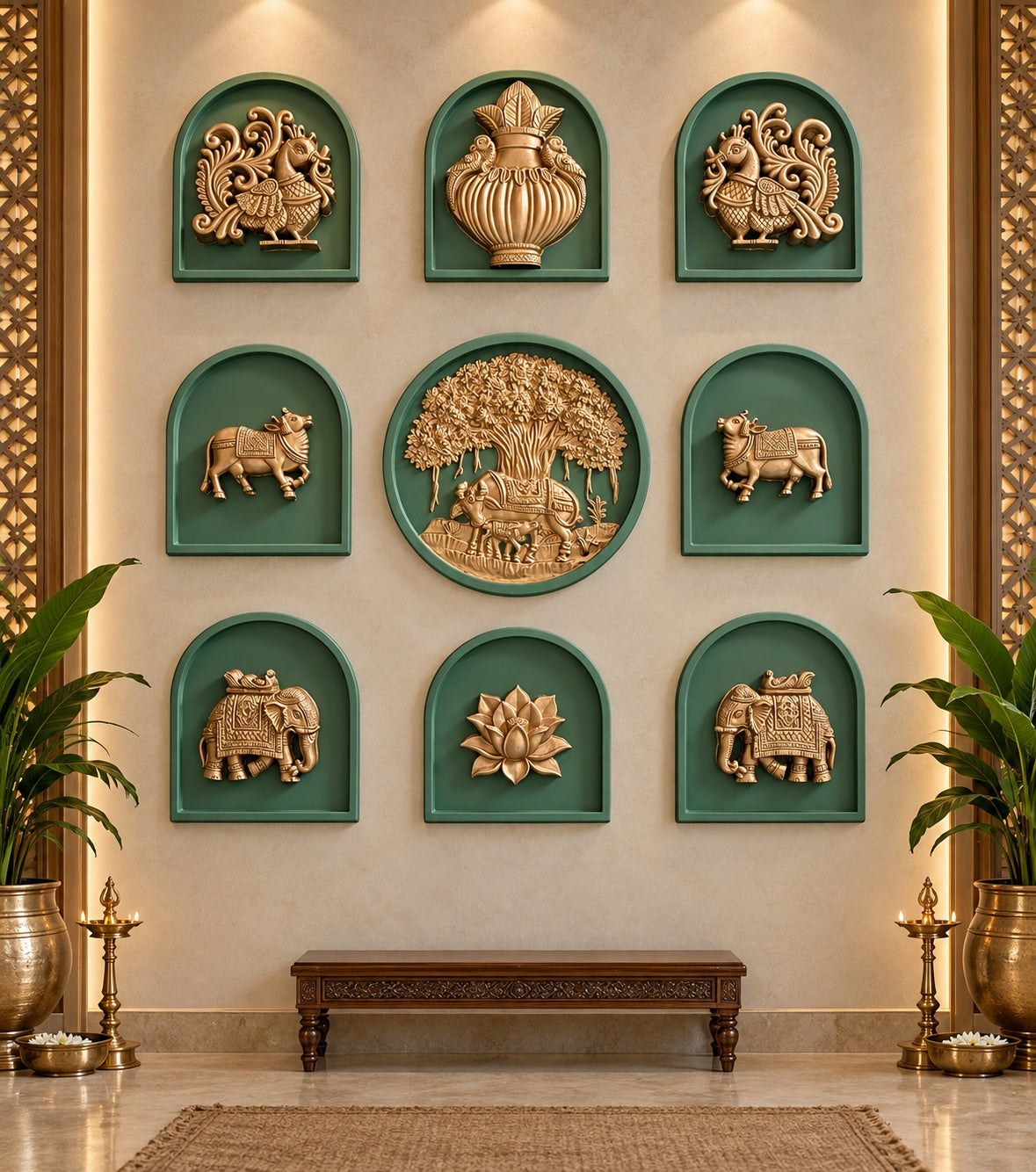 Full view of nine decorative wall motifs featuring Kamdhenu, calf, and Banyan Tree in a traditional Indian design.
