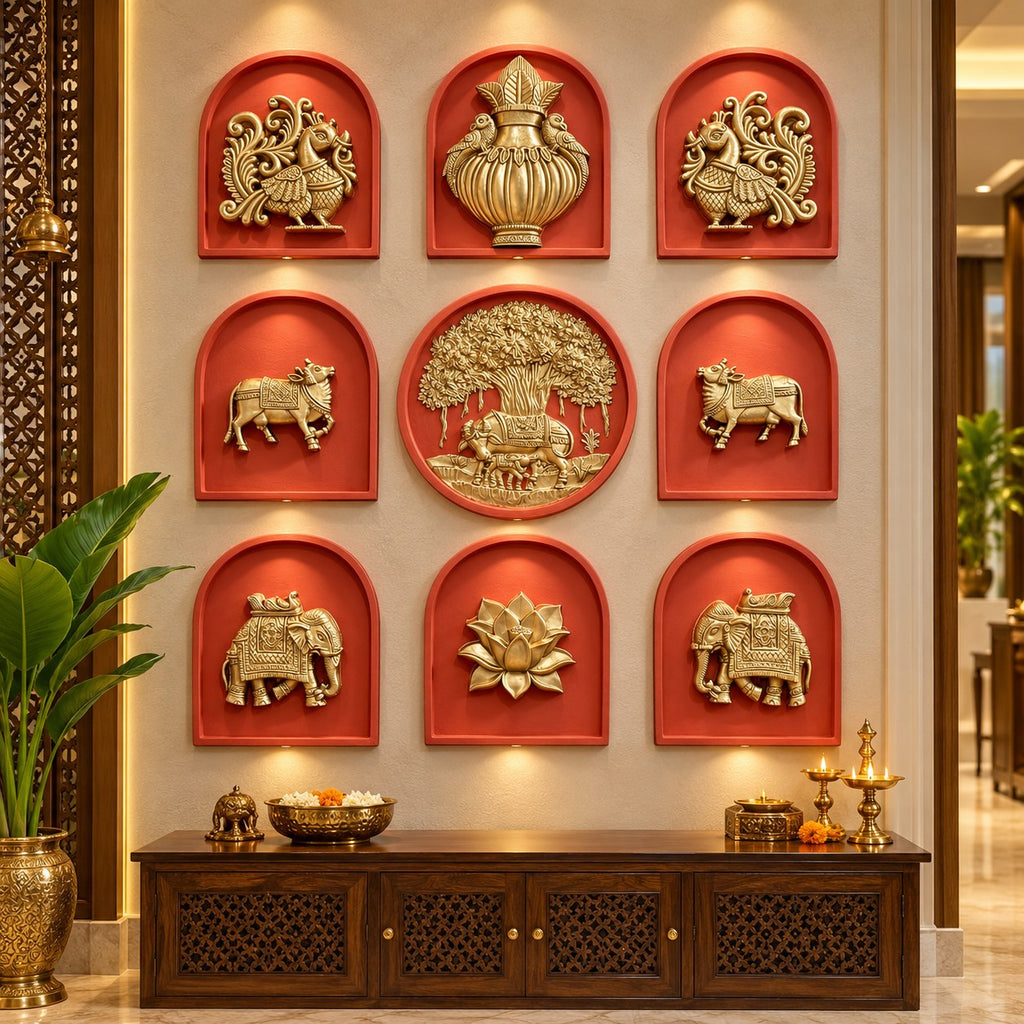 Full view of nine decorative wall motifs featuring Kamdhenu, calf, and Banyan Tree in a traditional Indian design