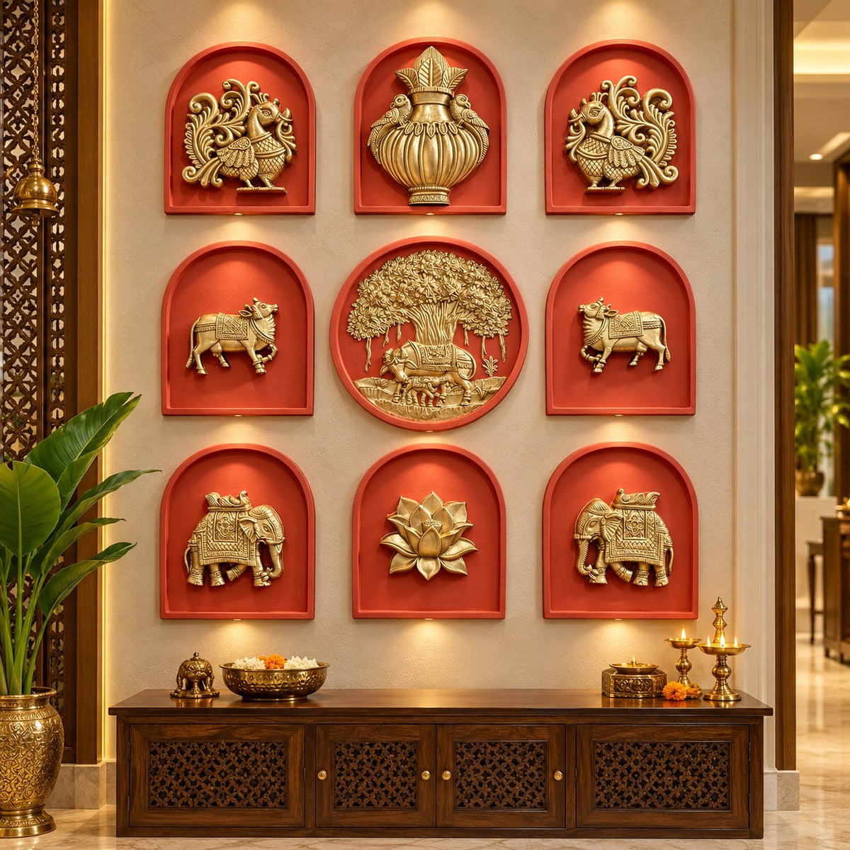 Full view of nine decorative wall motifs featuring Kamdhenu, calf, and Banyan Tree in a traditional Indian design