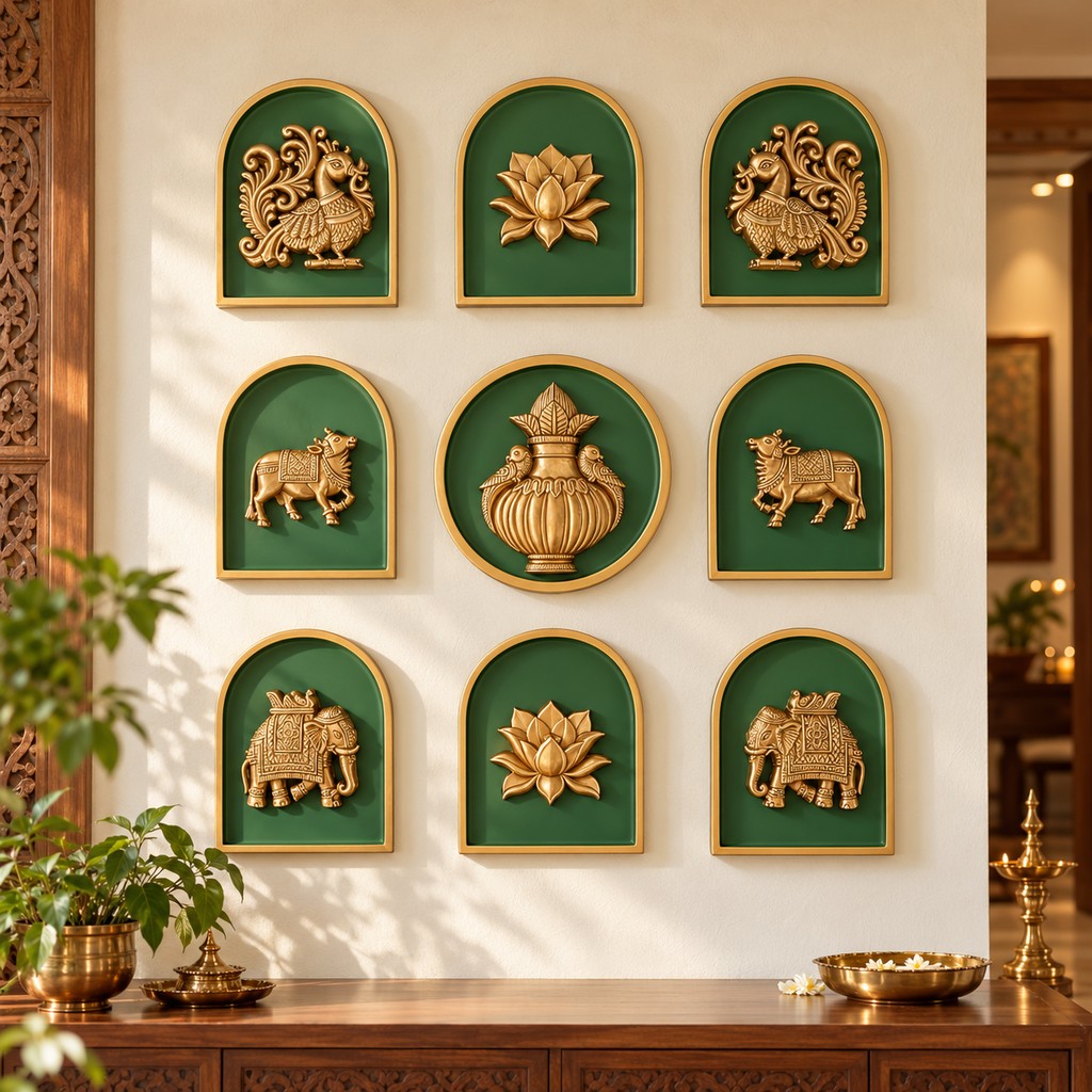 set of nine decorative wall motifs in olive green with bronze border, traditional Indian wall art decor for elegant home interiors.