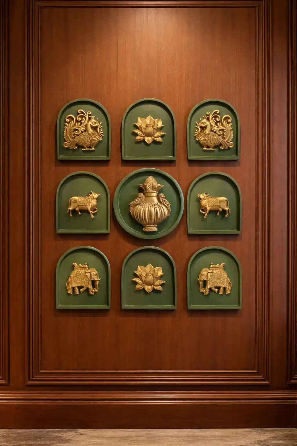 set of nine decorative wall motifs in olive green with bronze highlights, traditional Indian wall art decor for elegant home interiors