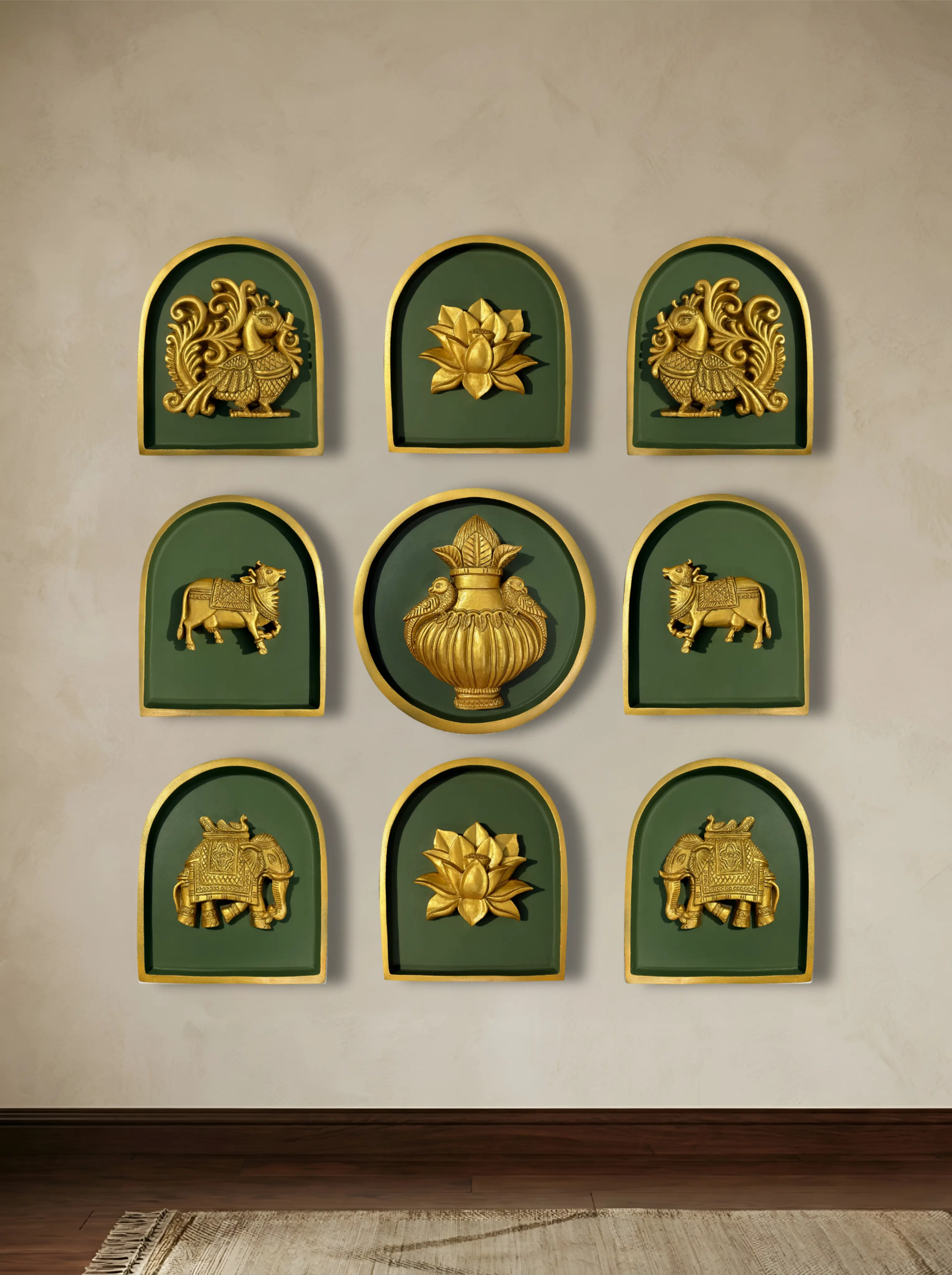 set of nine decorative wall motifs in olive green with golden highlights, traditional Indian wall art decor for elegant home interiors