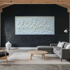 Full view of 7 horses 3D relief wall mural featuring right-moving horses in a large statement design