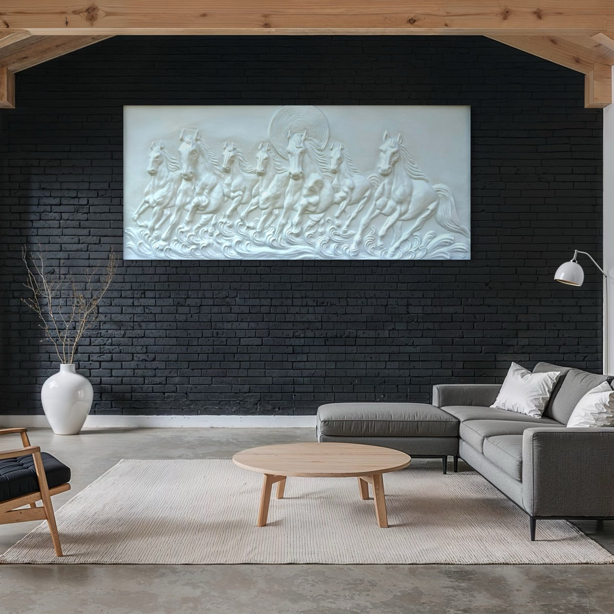 Full view of 7 horses 3D relief wall mural featuring right-moving horses in a large statement design.