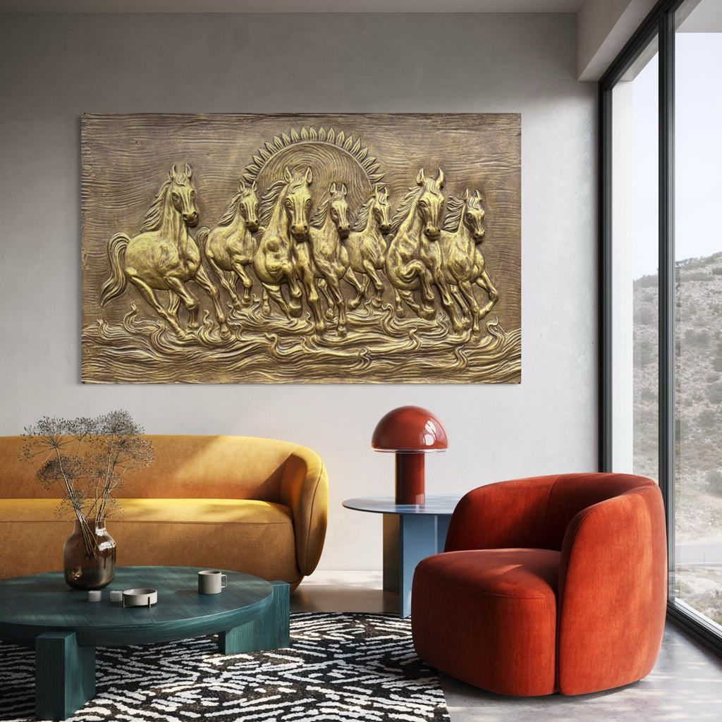 Detailed texture of the left-moving 7 horses wall mural showing layered relief craftsmanship and depth in golden colour