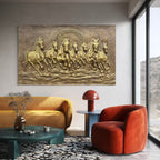 Detailed texture of the left-moving 7 horses wall mural showing layered relief craftsmanship and depth in golden colour