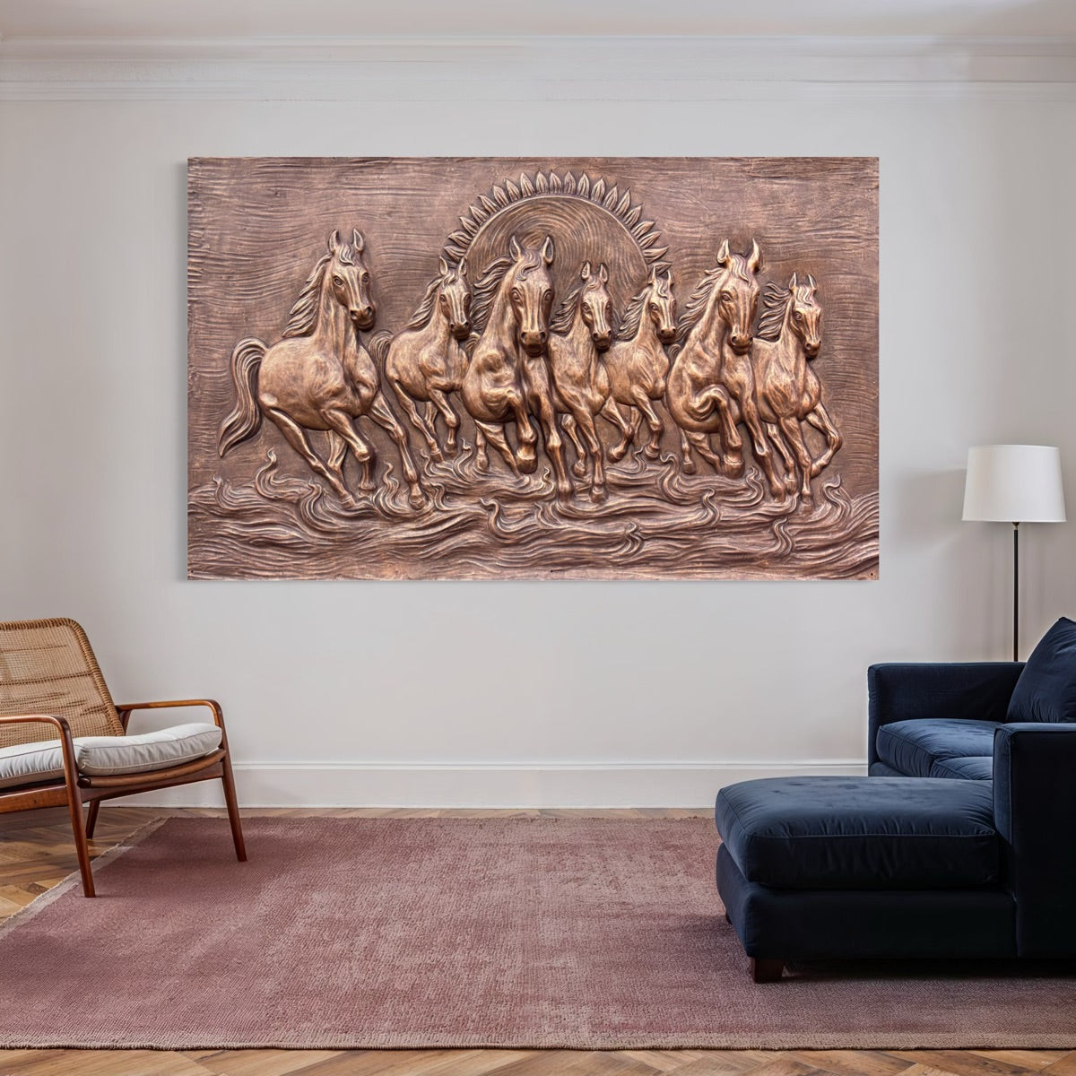Detailed texture of the left-moving 7 horses wall mural showing layered relief craftsmanship and depth
