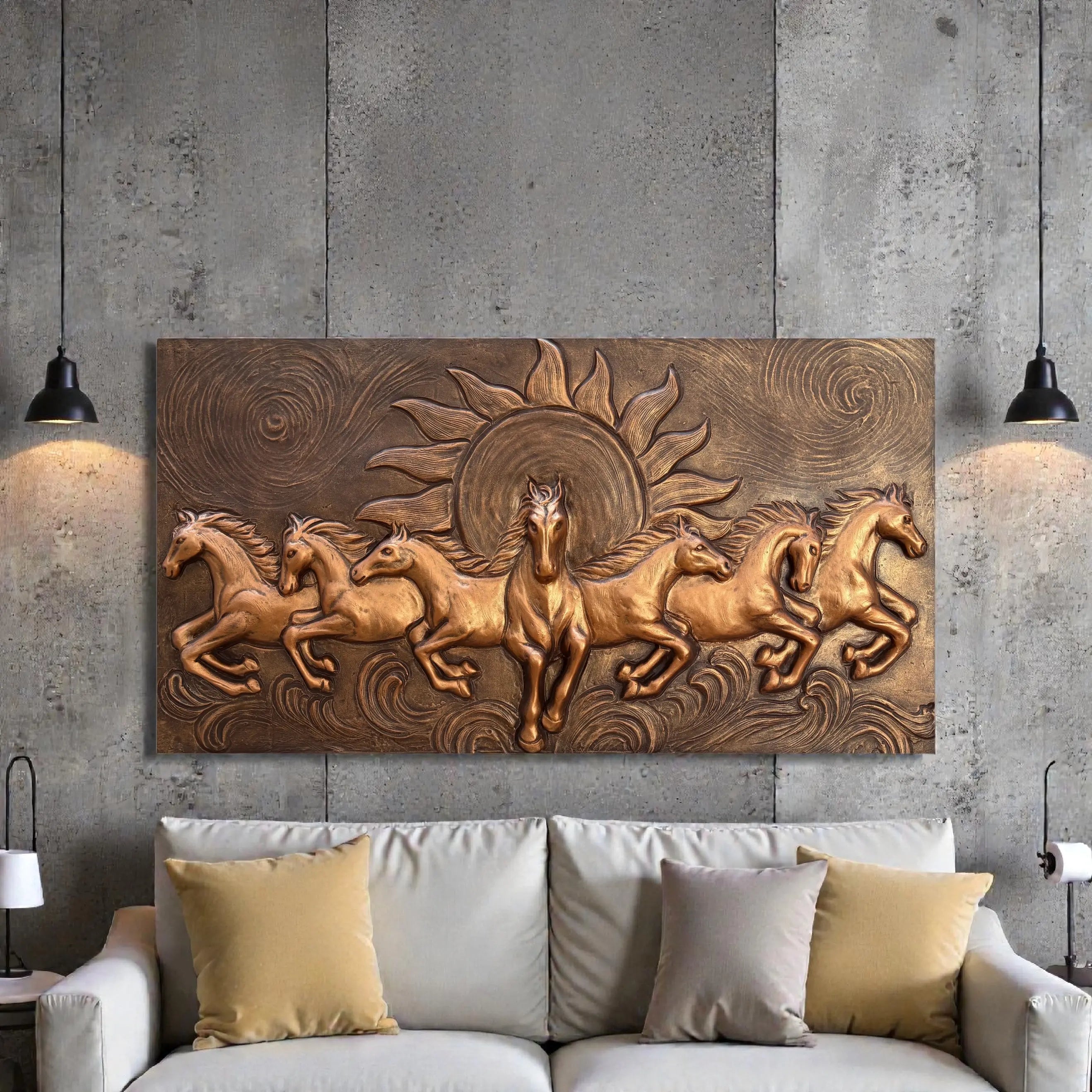 seven horses with rising sun 3D relief mural wall art in 4x2 feet size, handcrafted vastu-inspired wall decor for home interiors