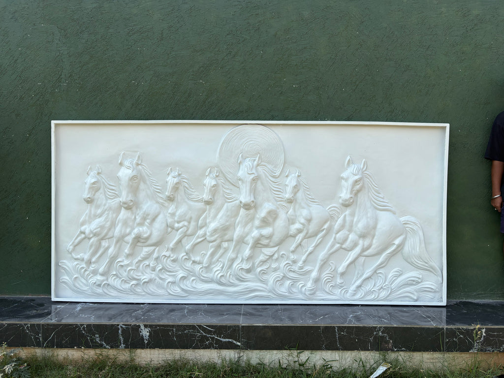 Close-up of 7 horses 3D relief wall art highlighting dynamic movement and sculpted details.
