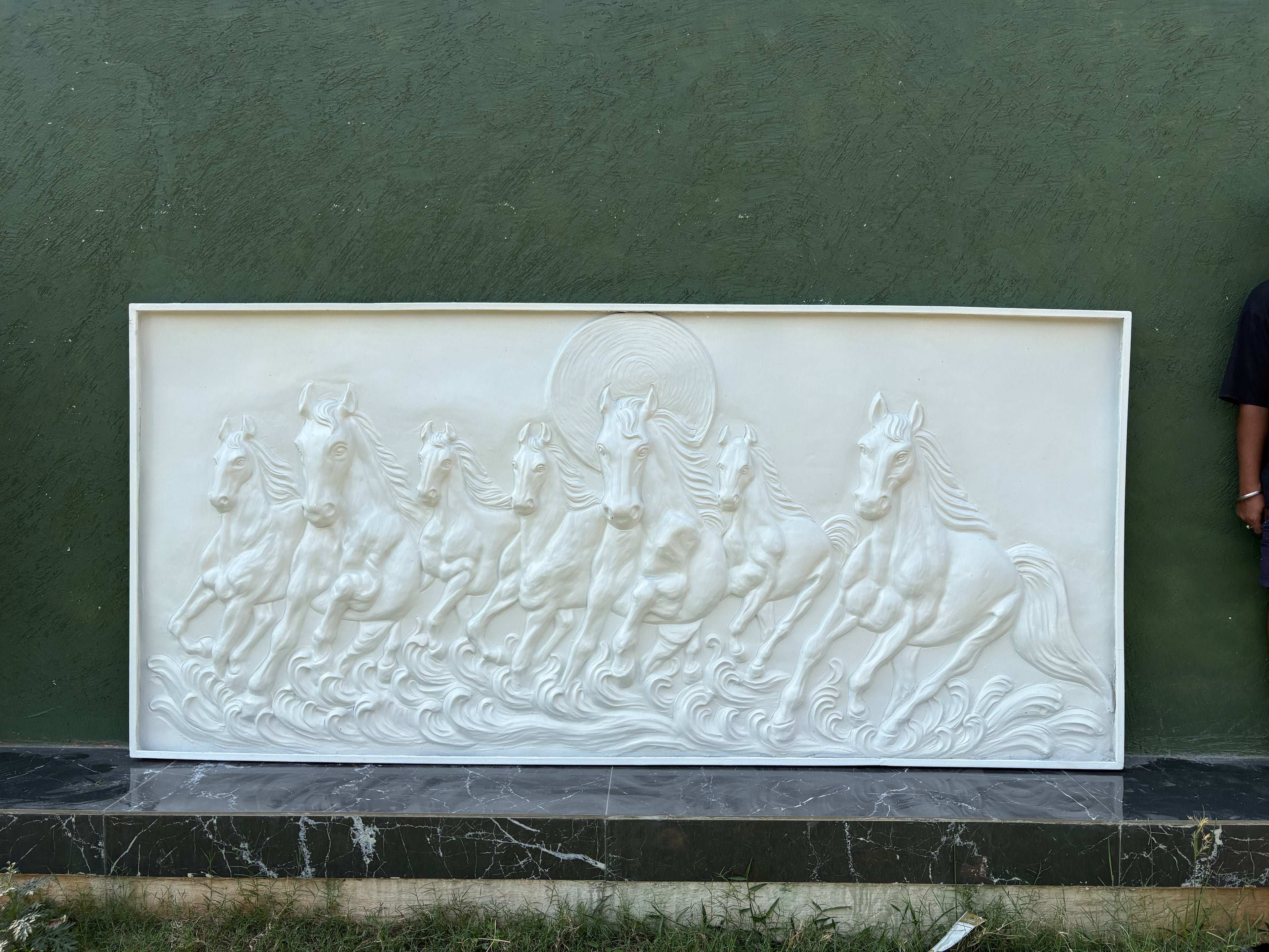 Close-up of 7 horses 3D relief wall art highlighting dynamic movement and sculpted details.