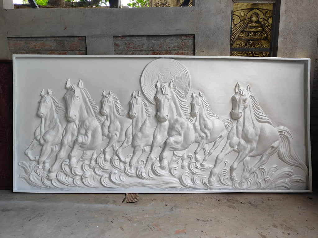 Close-up of 7 horses 3D relief wall art highlighting dynamic movement and sculpted details