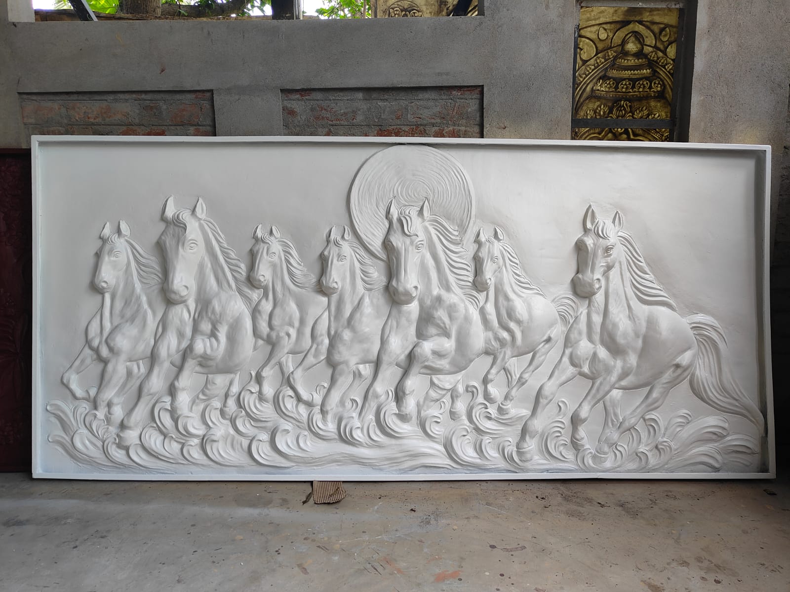 Close-up of 7 horses 3D relief wall art highlighting dynamic movement and sculpted details