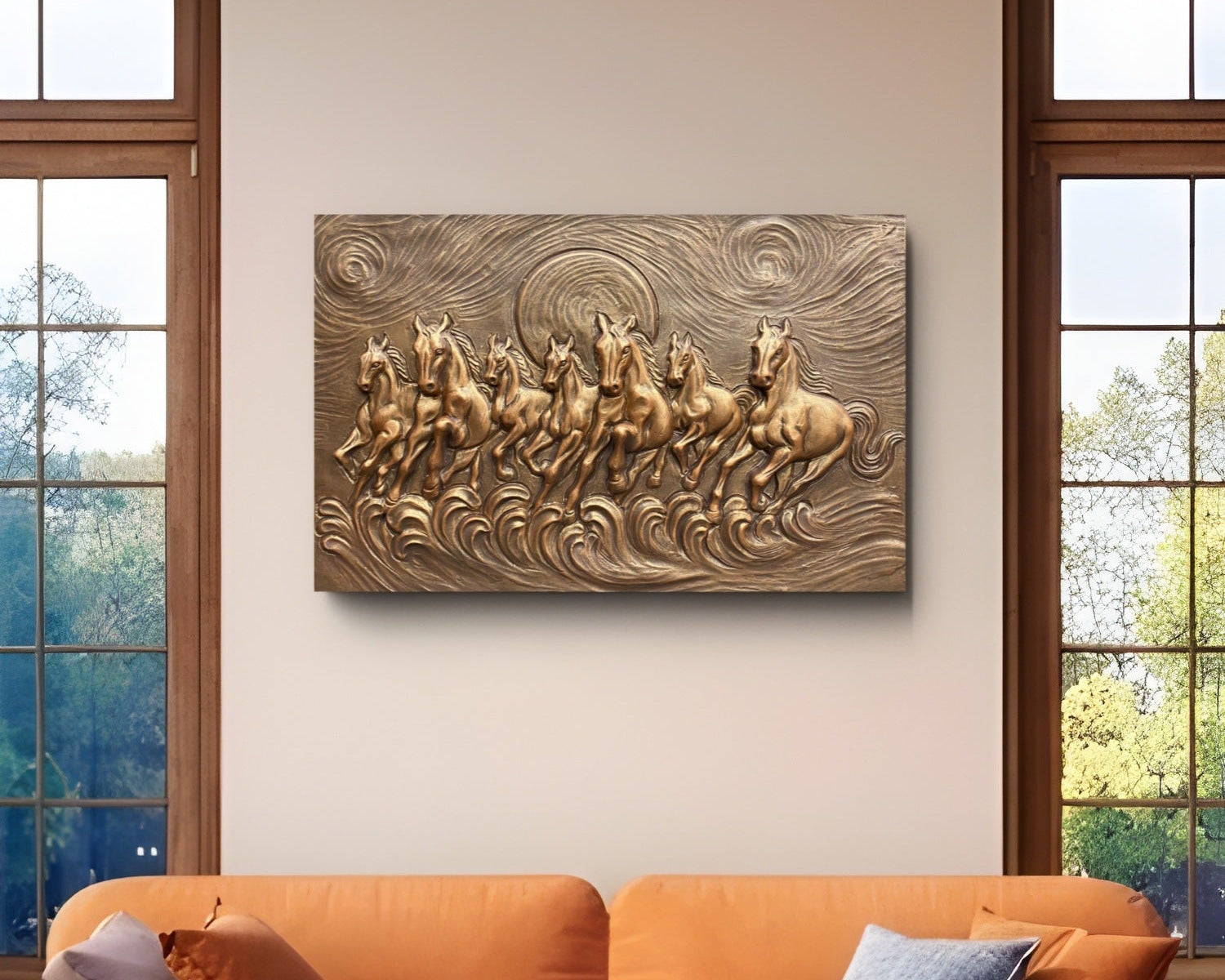 Seven running horses wall art with Vastu symbolism, crafted in detailed 3D relief to invite success and positivity.