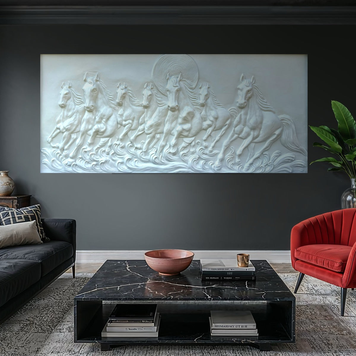 Close-up of 7 horses 3D relief wall art highlighting dynamic movement and sculpted details