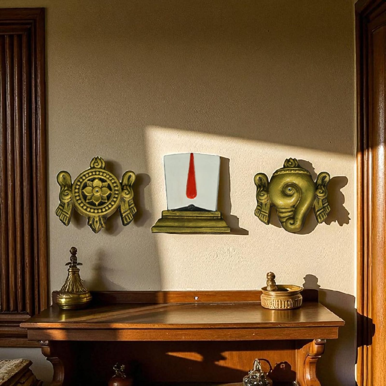 Handcrafted Shankha, Namam, and Chakra set (7x6 inch) for Pooja Room entrance decor, mounted on wall.