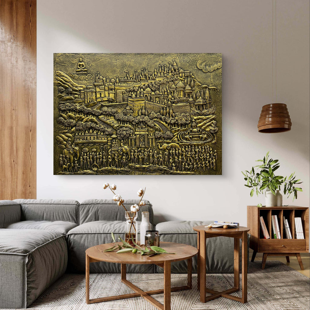 Jain temple mural depicting the holy cluster of Palitana temples on Shatrunjaya Hill, symbolizing purity and peace.
