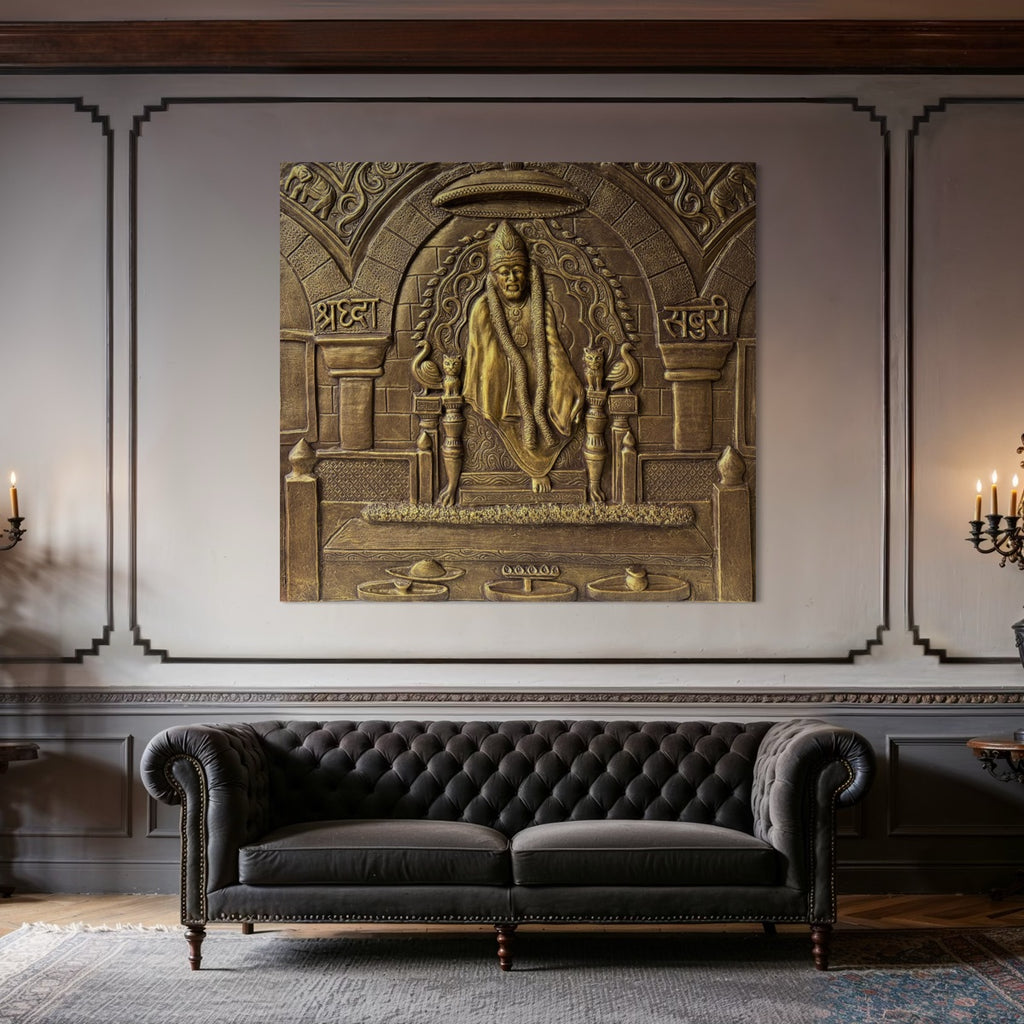 Close-up of Shirdi Sai Baba 3D relief mural showing detailed sculpting and textured surface