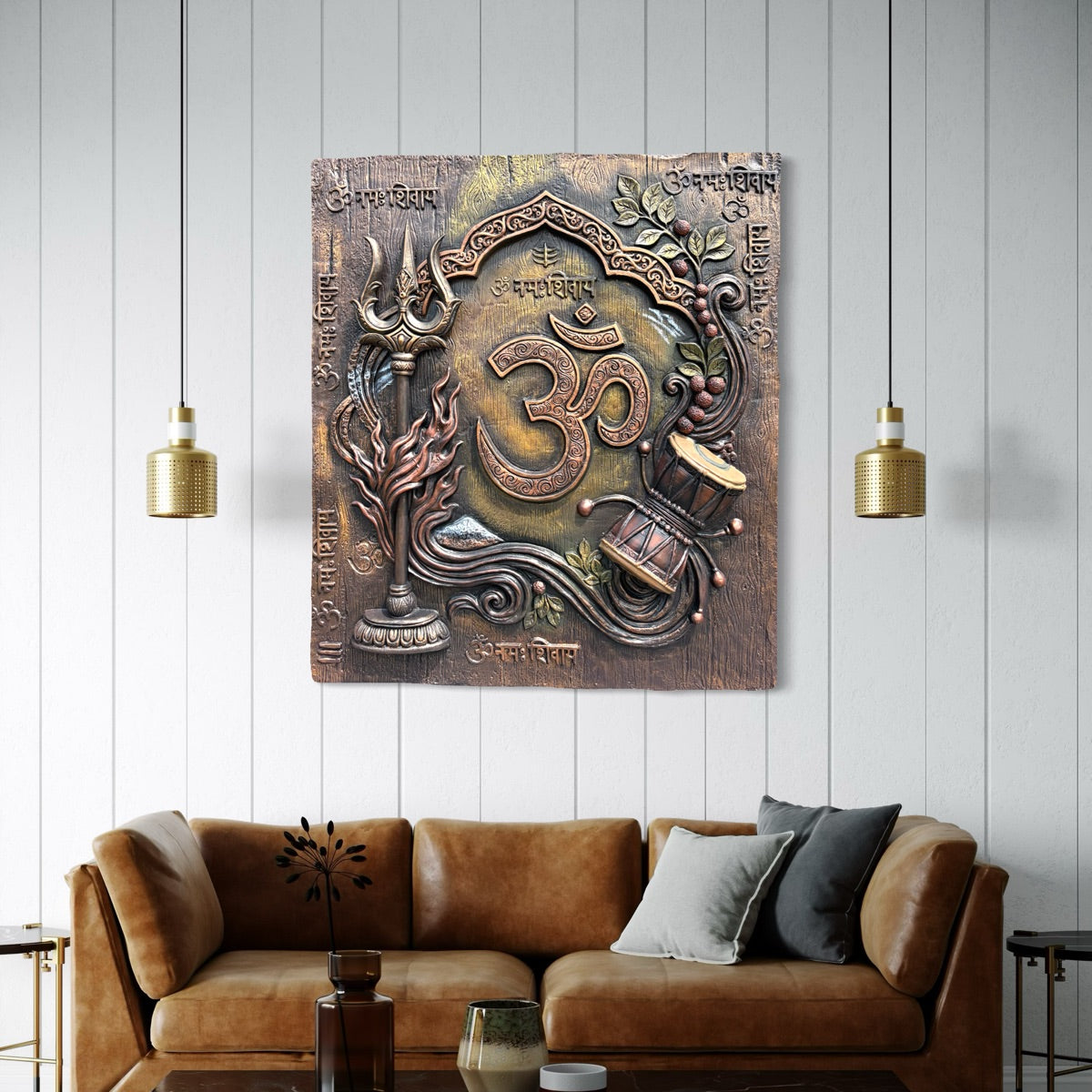 Full view of Shiv Tatva Sacred Om 3D relief mural featuring Om, Trishul, Damru, and spiritual detailing.