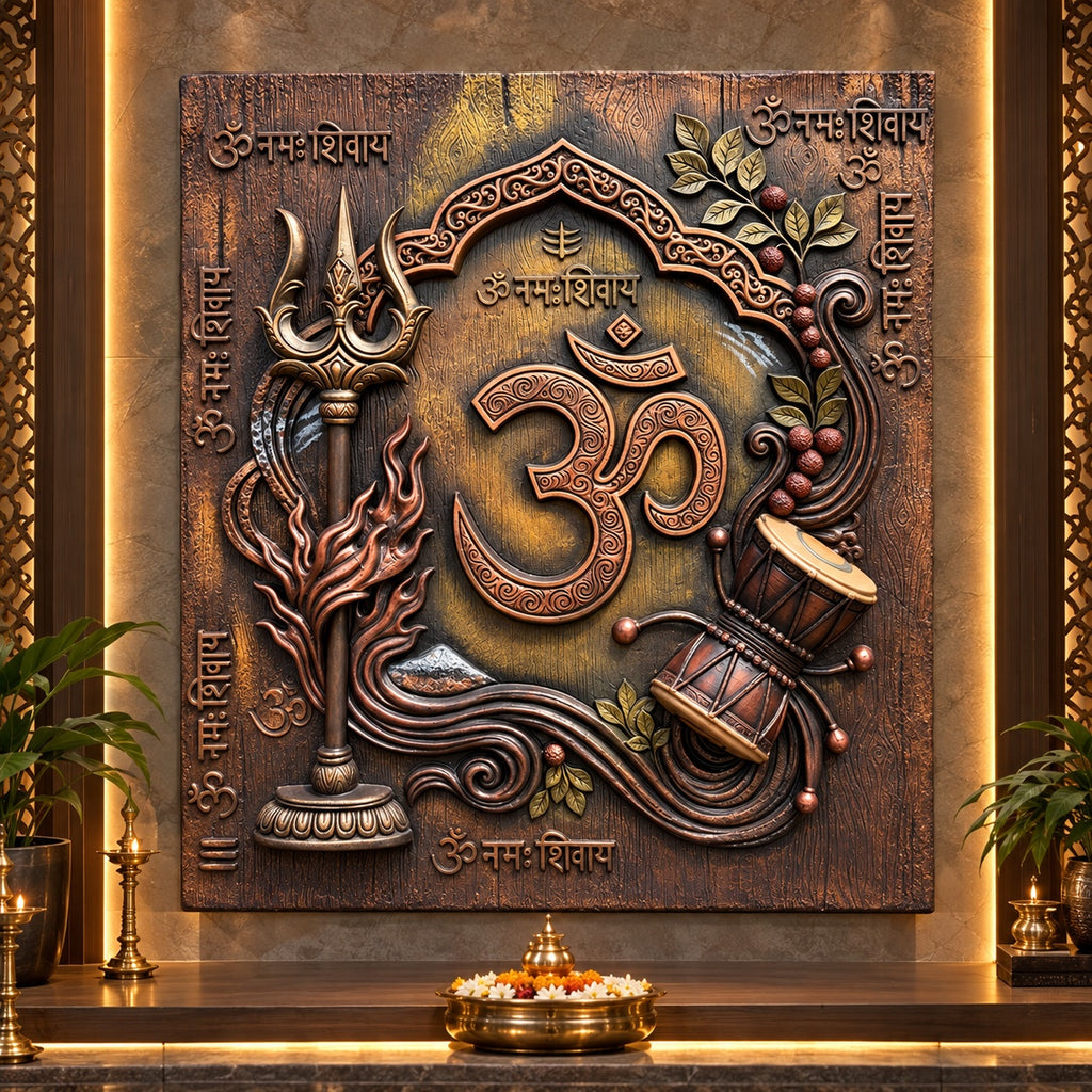 Full view of Shiv Tatva Sacred Om 3D relief mural featuring Om, Trishul, Damru, and spiritual detailing