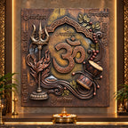 Full view of Shiv Tatva Sacred Om 3D relief mural featuring Om, Trishul, Damru, and spiritual detailing