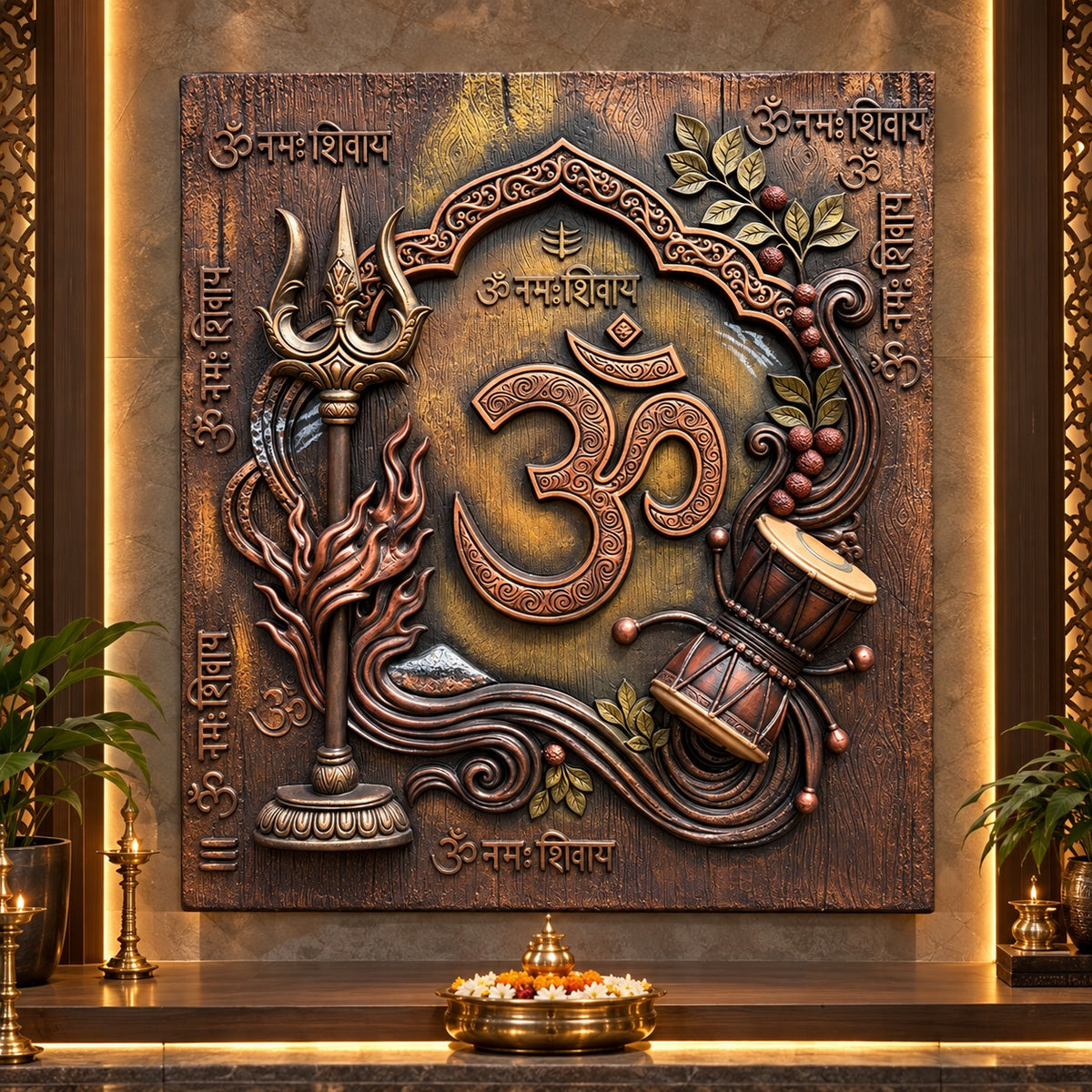 Full view of Shiv Tatva Sacred Om 3D relief mural featuring Om, Trishul, Damru, and spiritual detailing