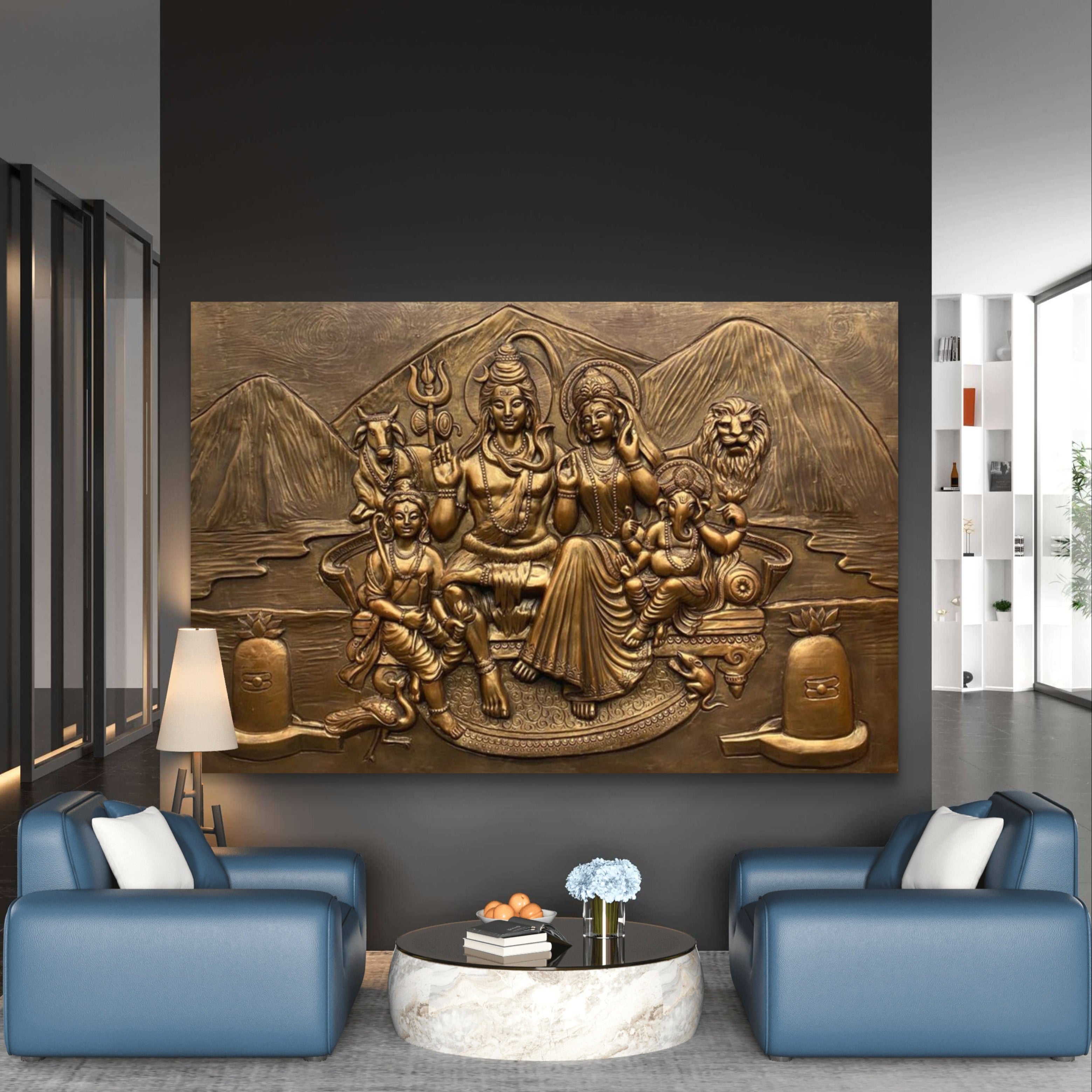 Handcrafted Shiva Parivar 3D wall mural (6x4 ft), detailed relief sculpture for cultural home decor
