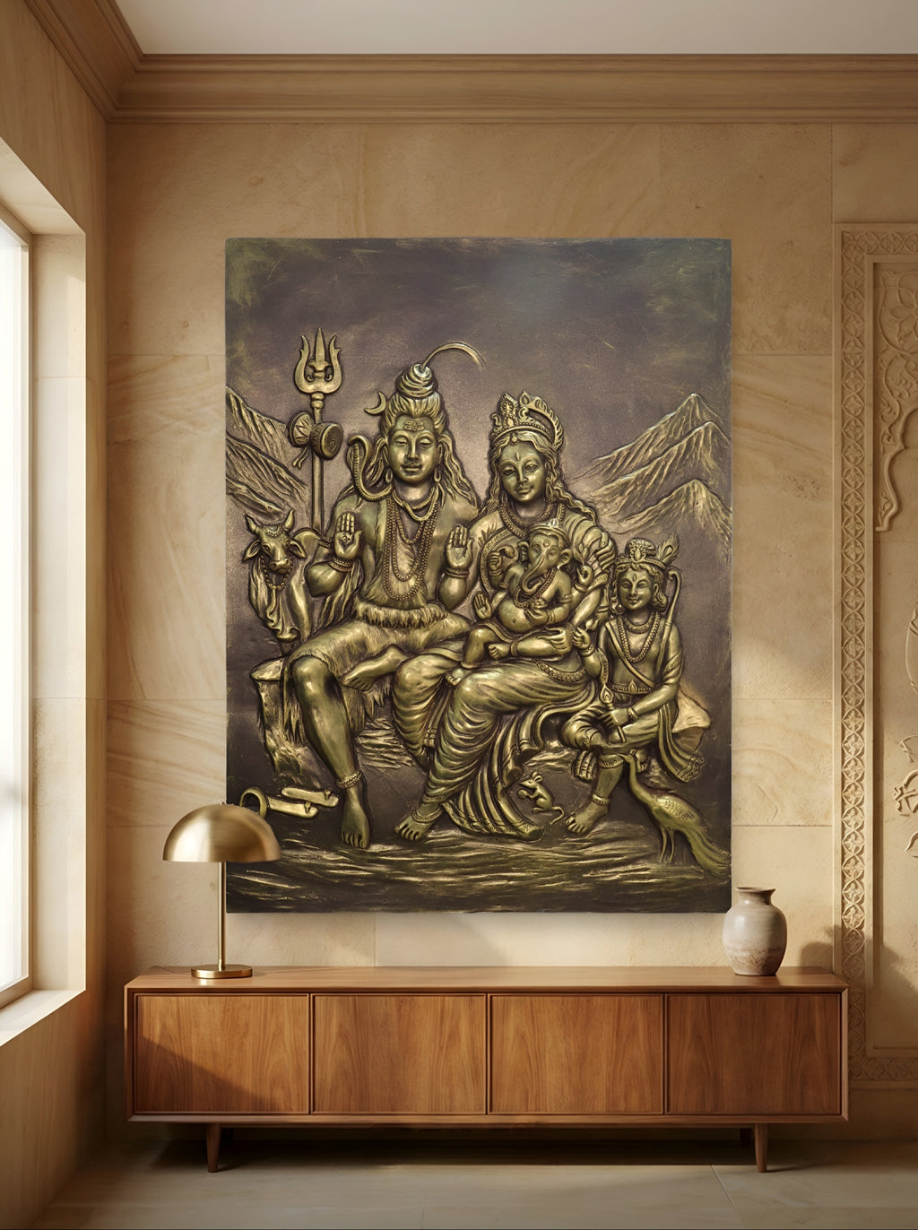 Lord Shiva Parivar 3D wall relief artwork symbolizing unity, protection, and divine blessings for living room or pooja room decor.