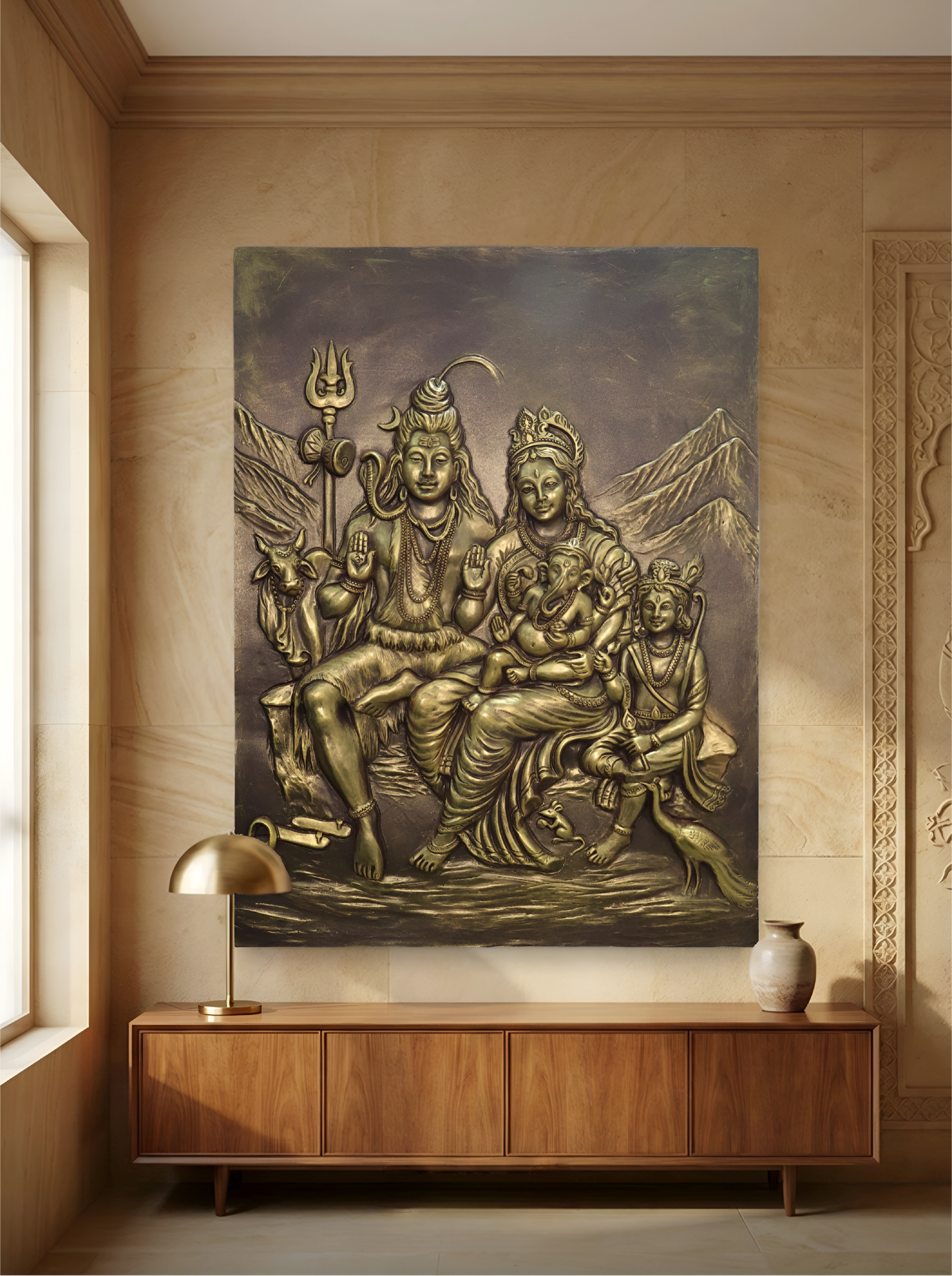 Shiva Parivar 3D relief wall mural in 4x3 feet size, handcrafted spiritual wall decor depicting Shiva family for home interiors
