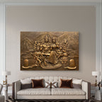 Bronze finish 6x4 feet Shiva Parivar wall sculpture depicting Lord Shiva and family, handcrafted 3D spiritual mural for home or office.