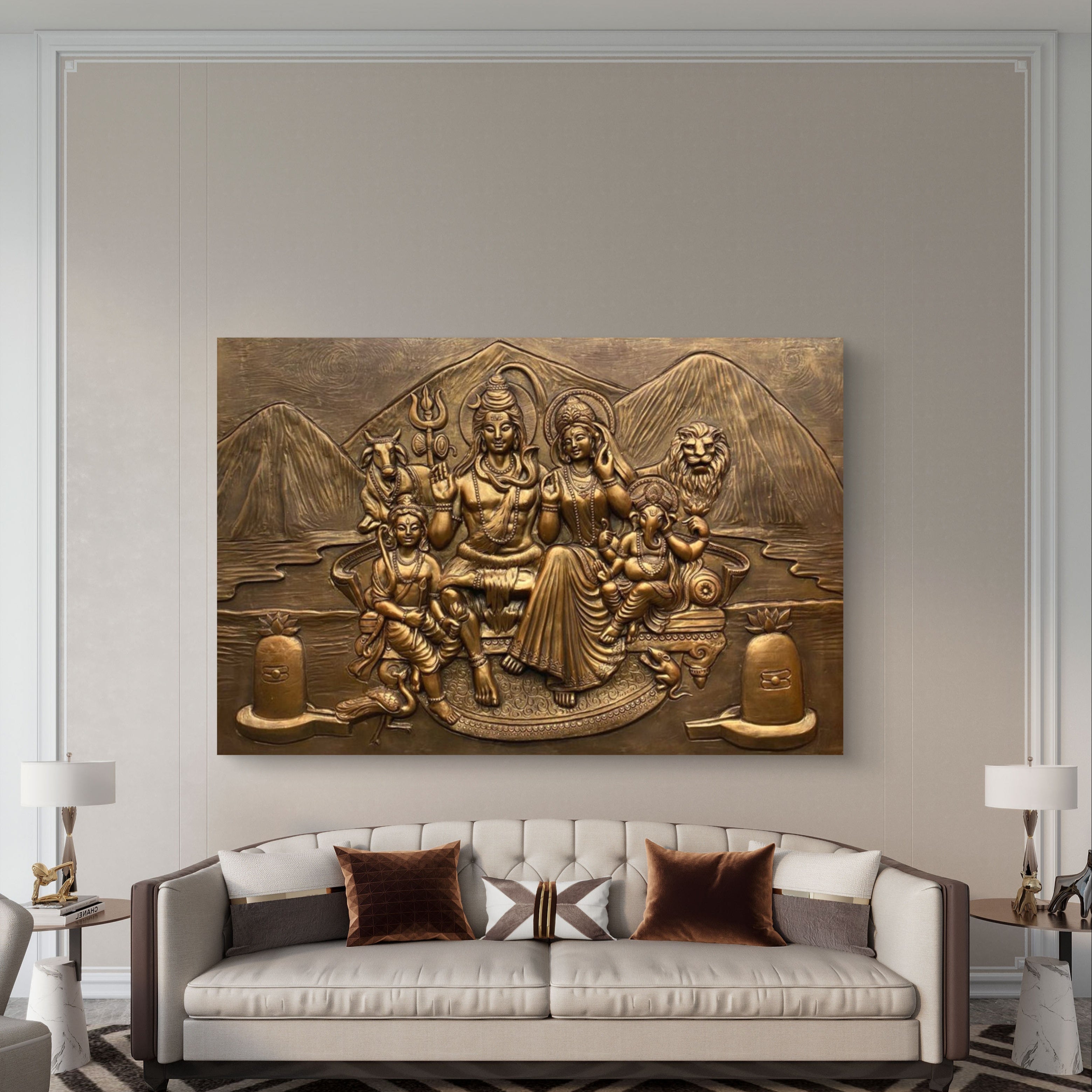 6x4 feet Shiva Parivar 3D wall sculpture, handcrafted relief mural in bronze finish for living room décor